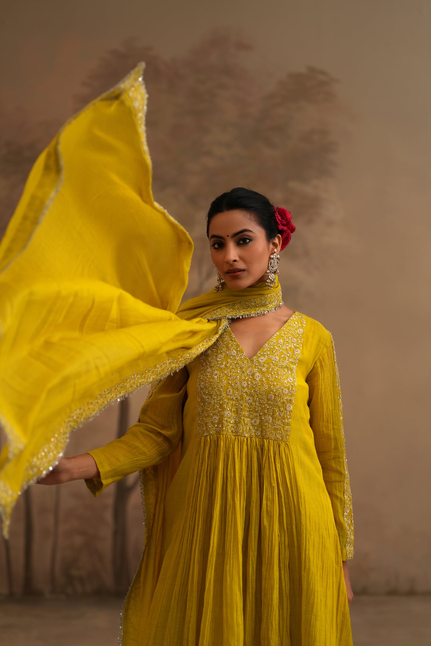 Lemon Yellow Chanderi Suit with embroidered yoke