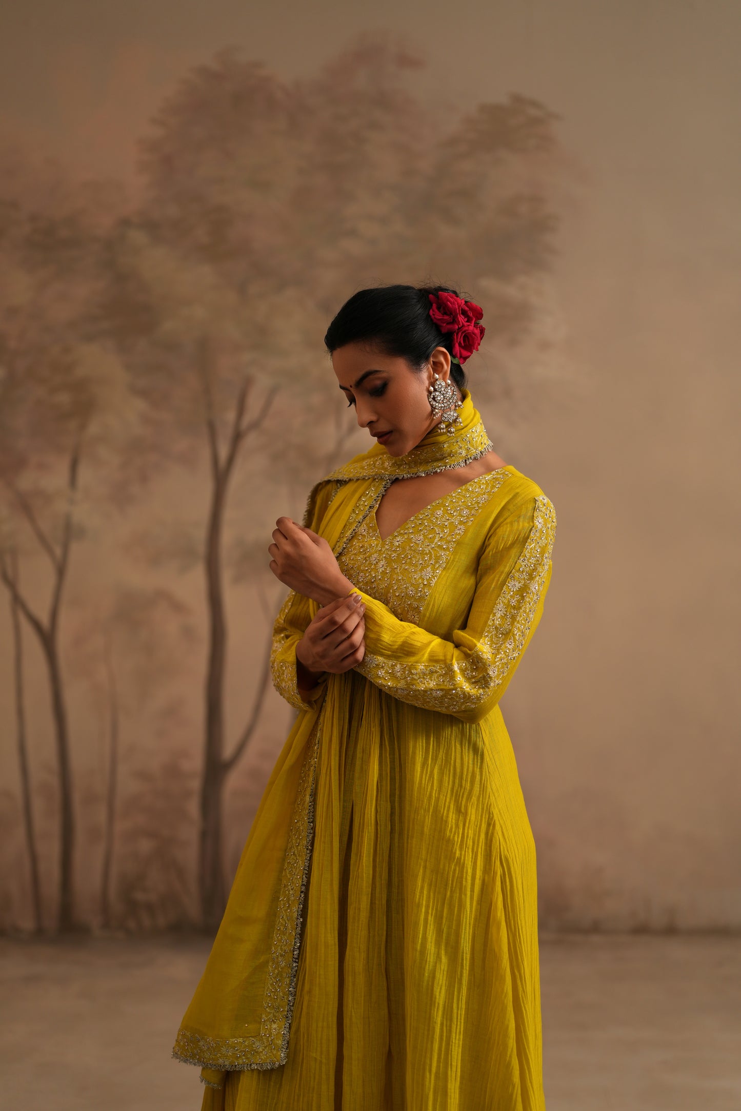 Lemon Yellow Chanderi Suit with embroidered yoke