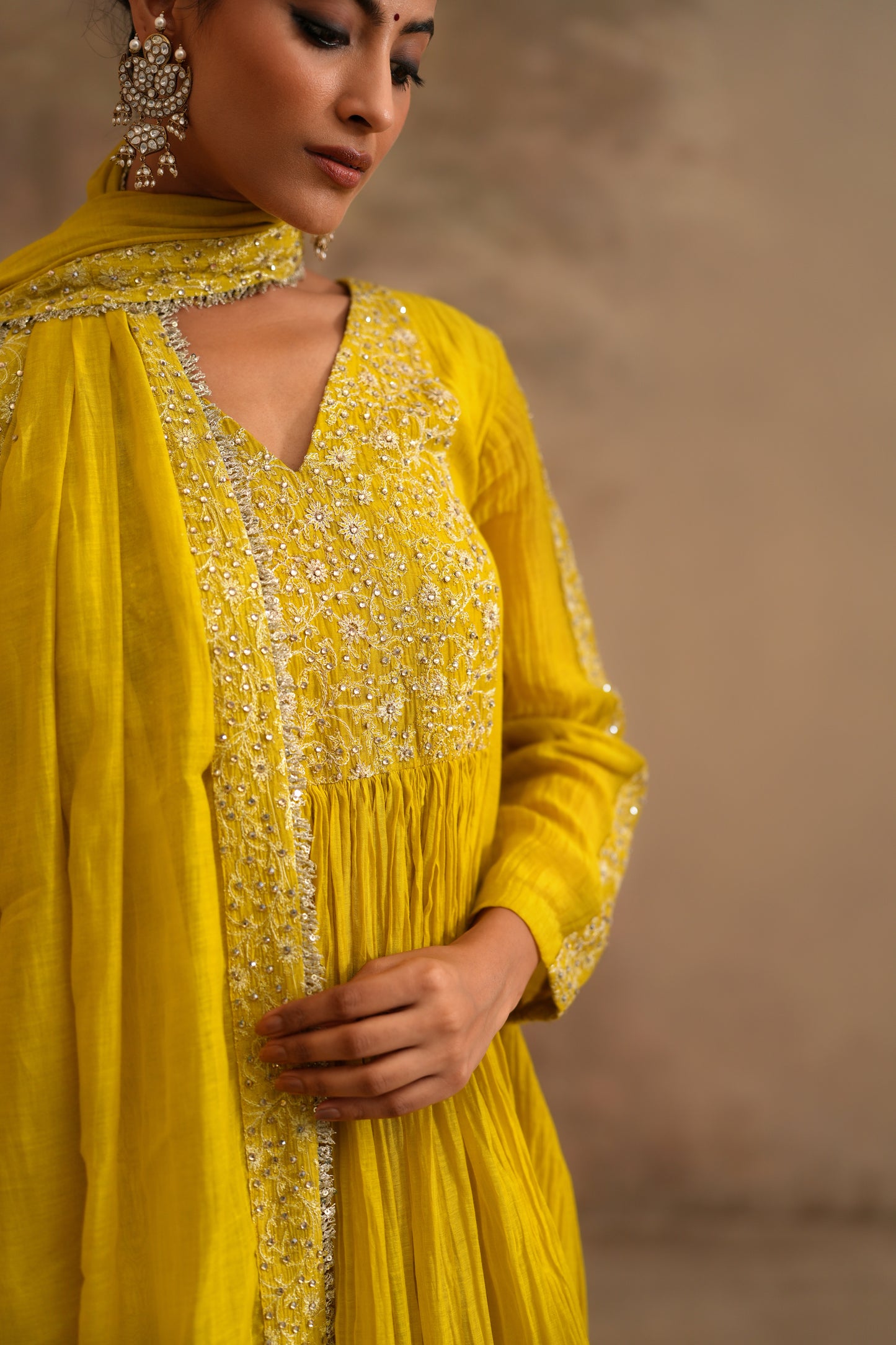Lemon Yellow Chanderi Suit with embroidered yoke