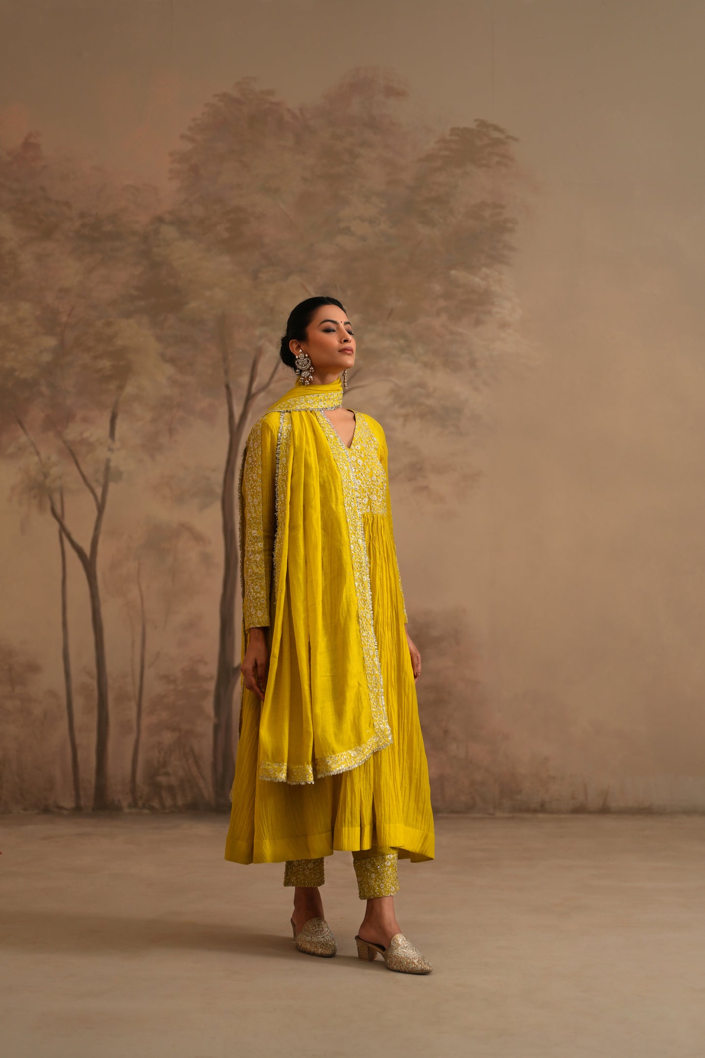 Lemon Yellow Chanderi Suit with embroidered yoke