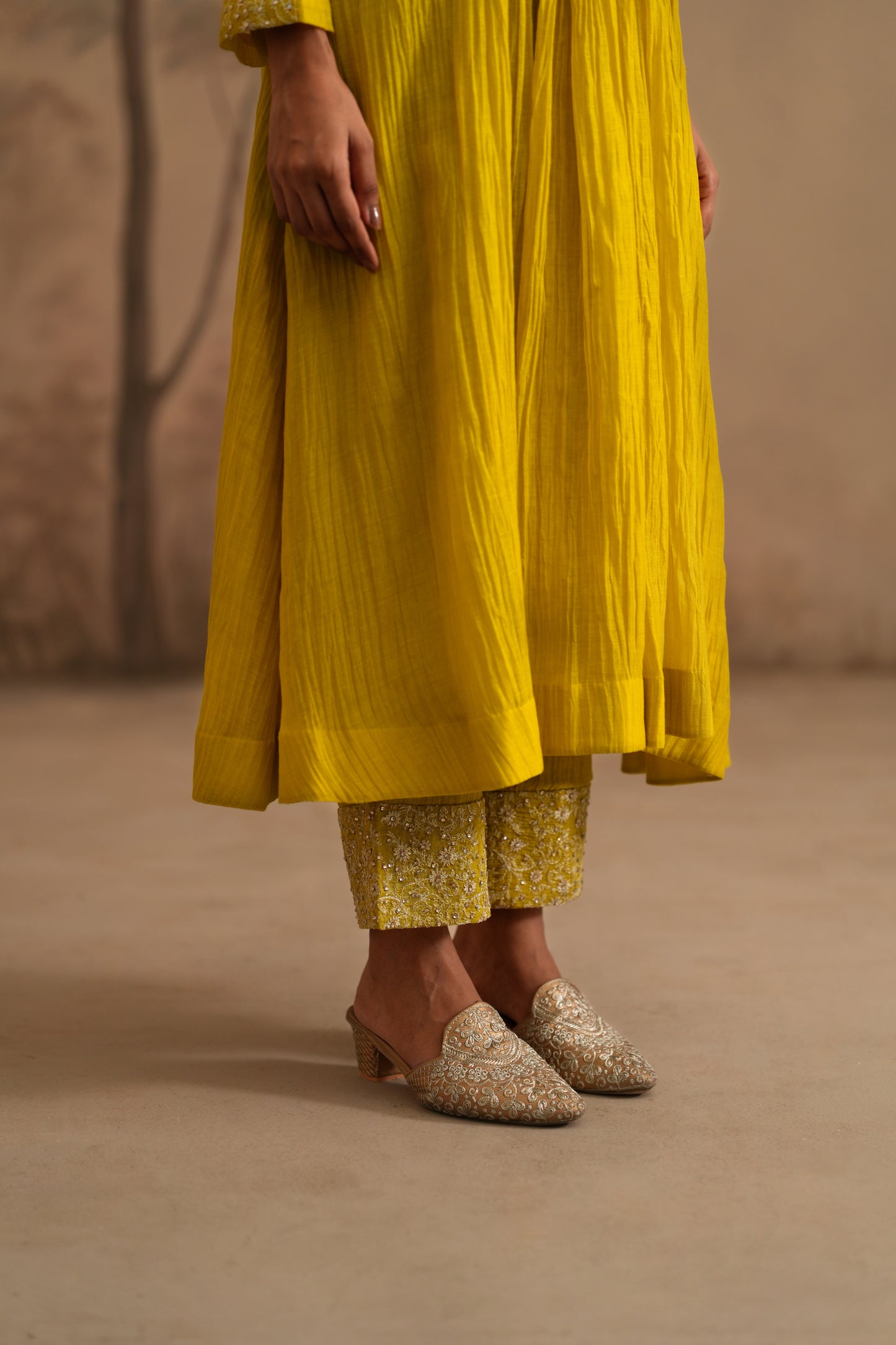 Lemon Yellow Chanderi Suit with embroidered yoke