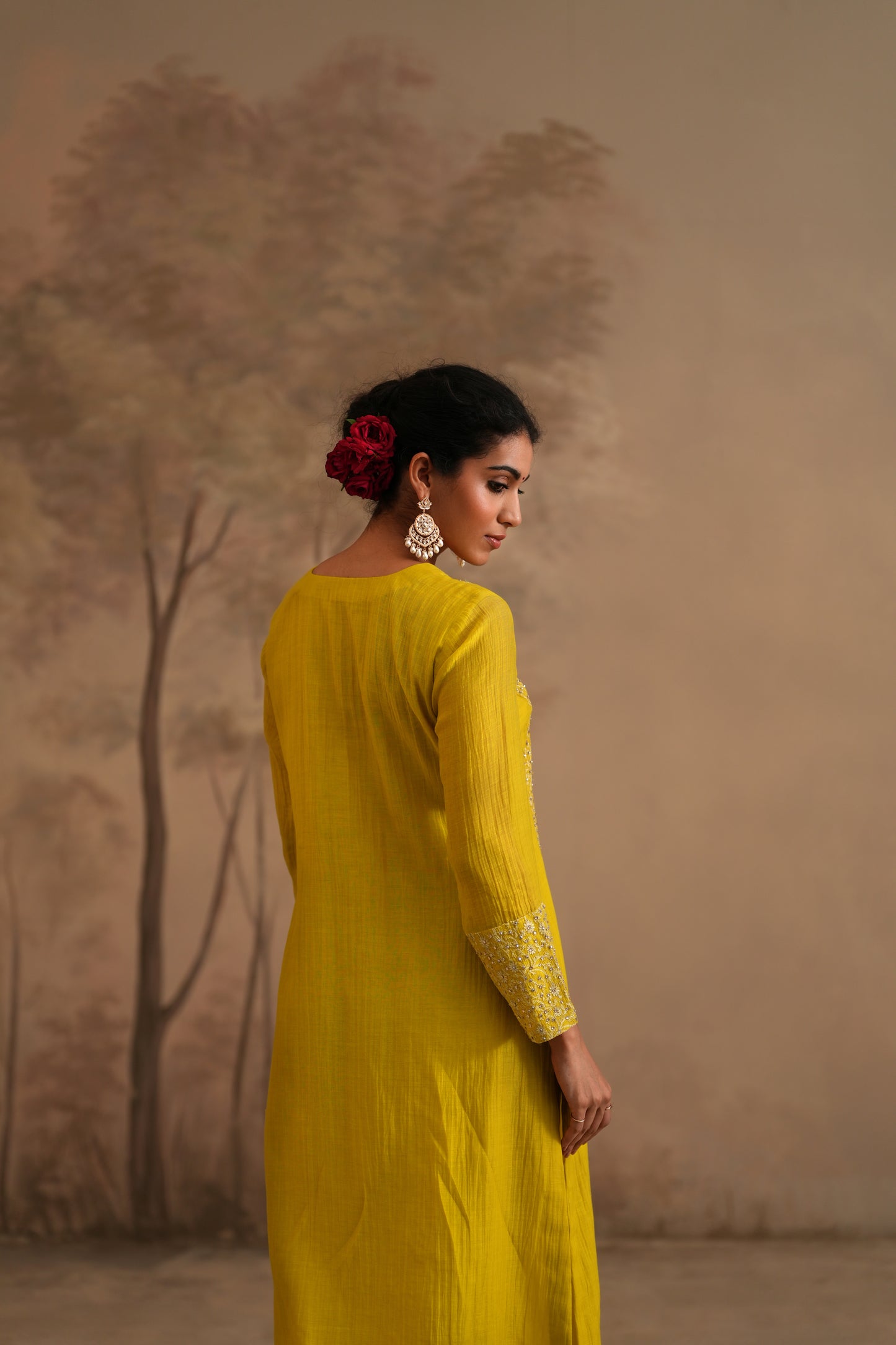 Lemon Yellow Chanderi Suit with embroidered panels