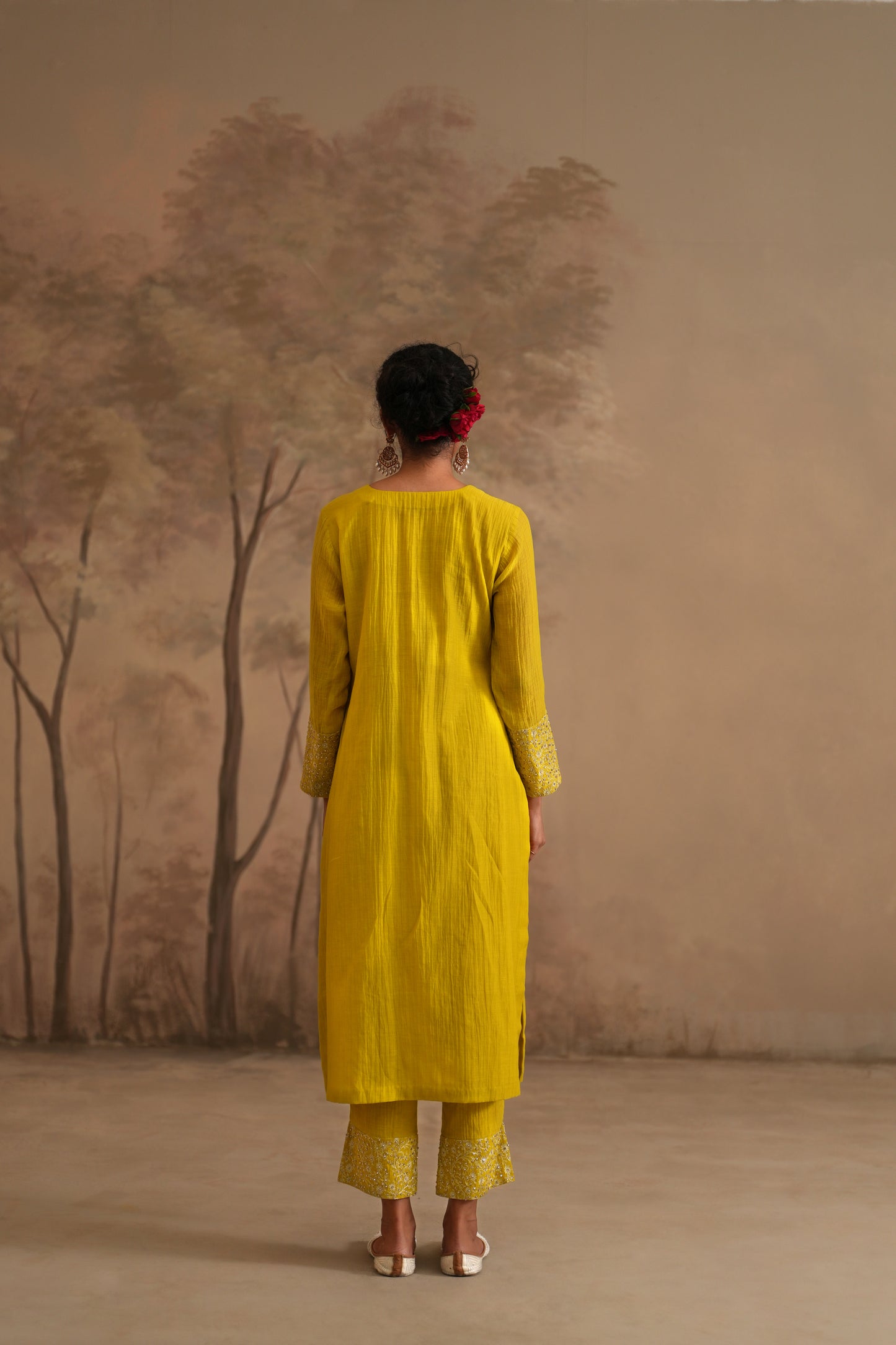 Lemon Yellow Chanderi Suit with embroidered panels