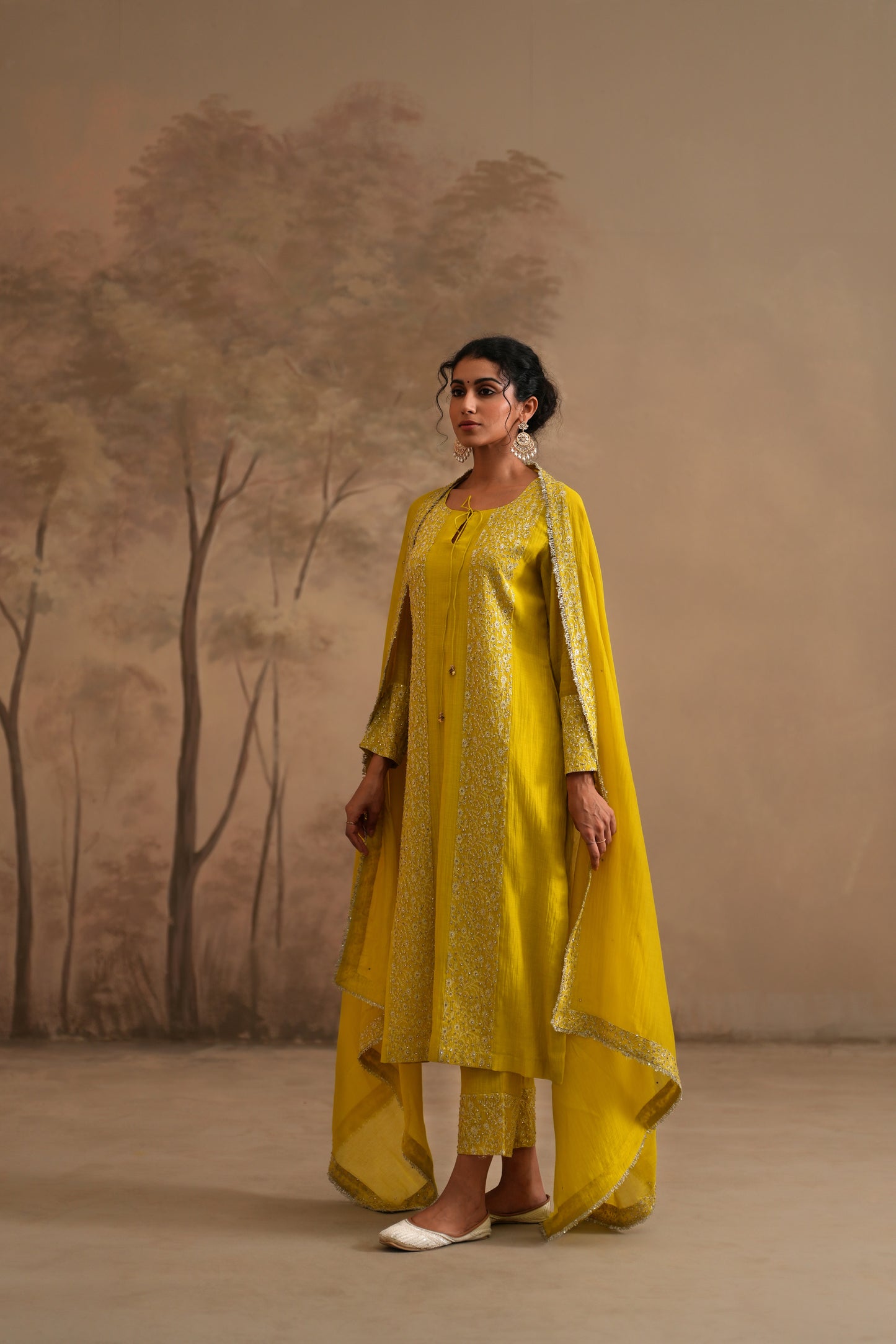 Lemon Yellow Chanderi Suit with embroidered panels