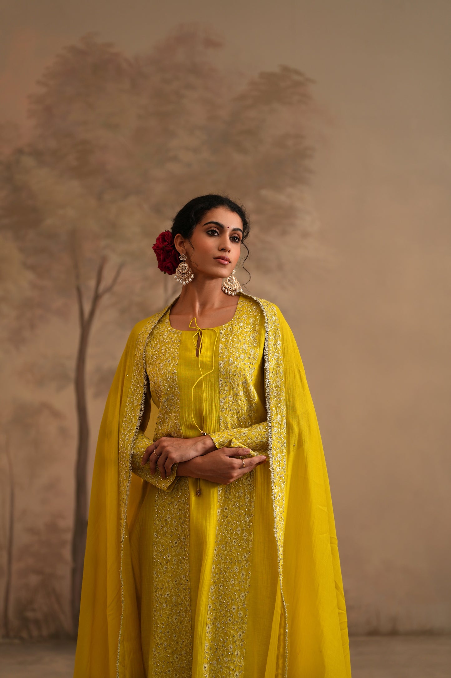 Lemon Yellow Chanderi Suit with embroidered panels