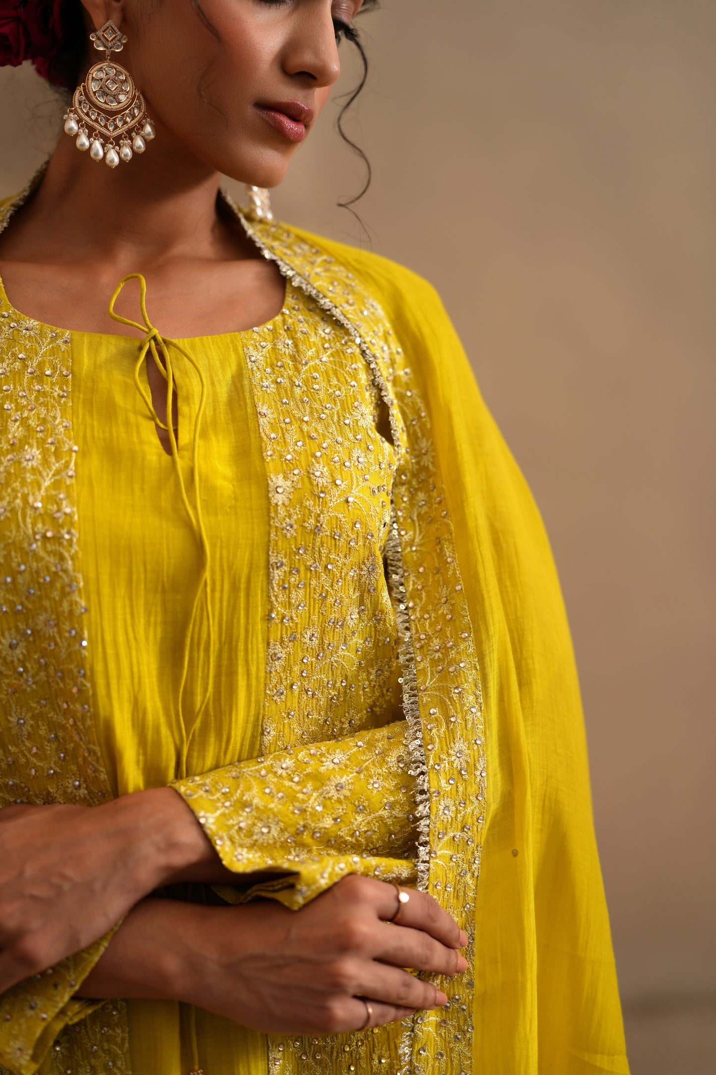 Lemon Yellow Chanderi Suit with embroidered panels