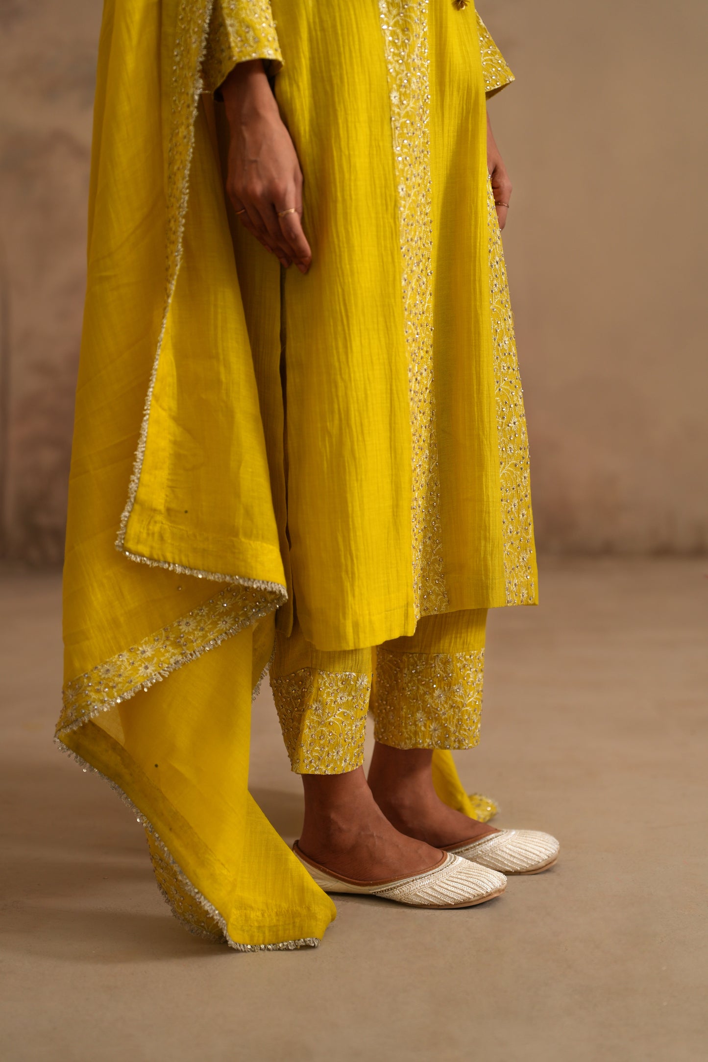 Lemon Yellow Chanderi Suit with embroidered panels