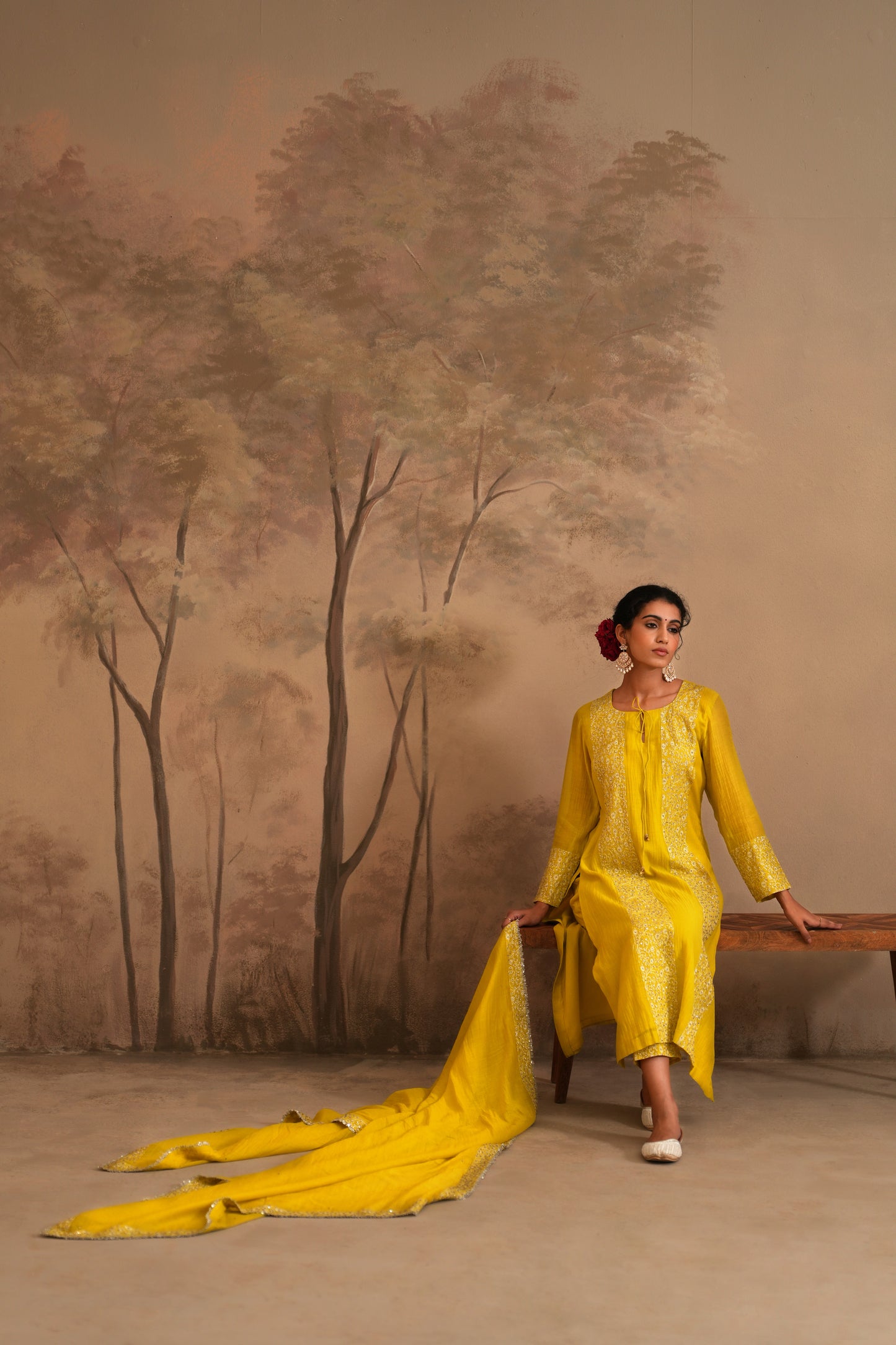 Lemon Yellow Chanderi Suit with embroidered panels