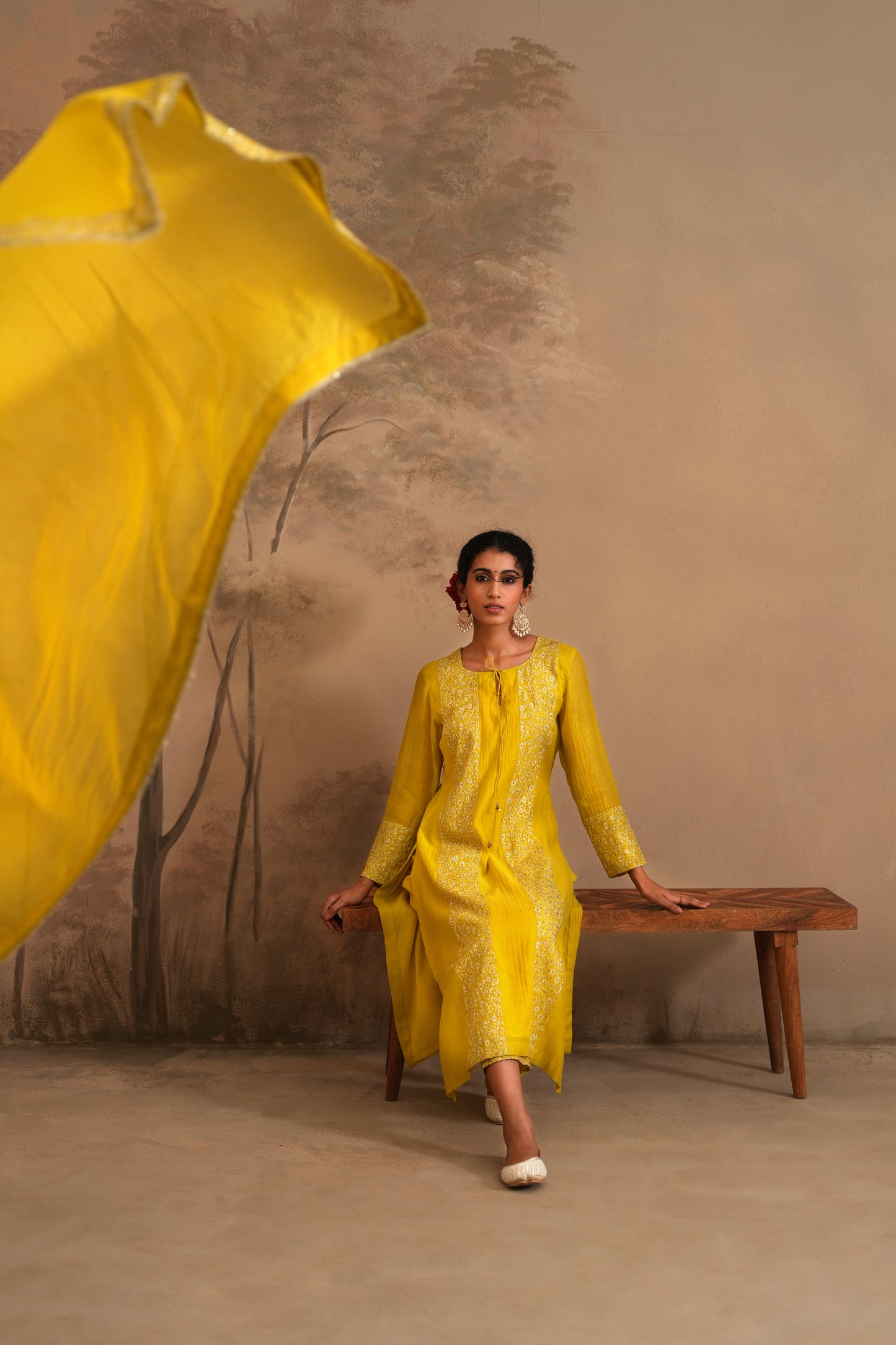 Lemon Yellow Chanderi Suit with embroidered panels
