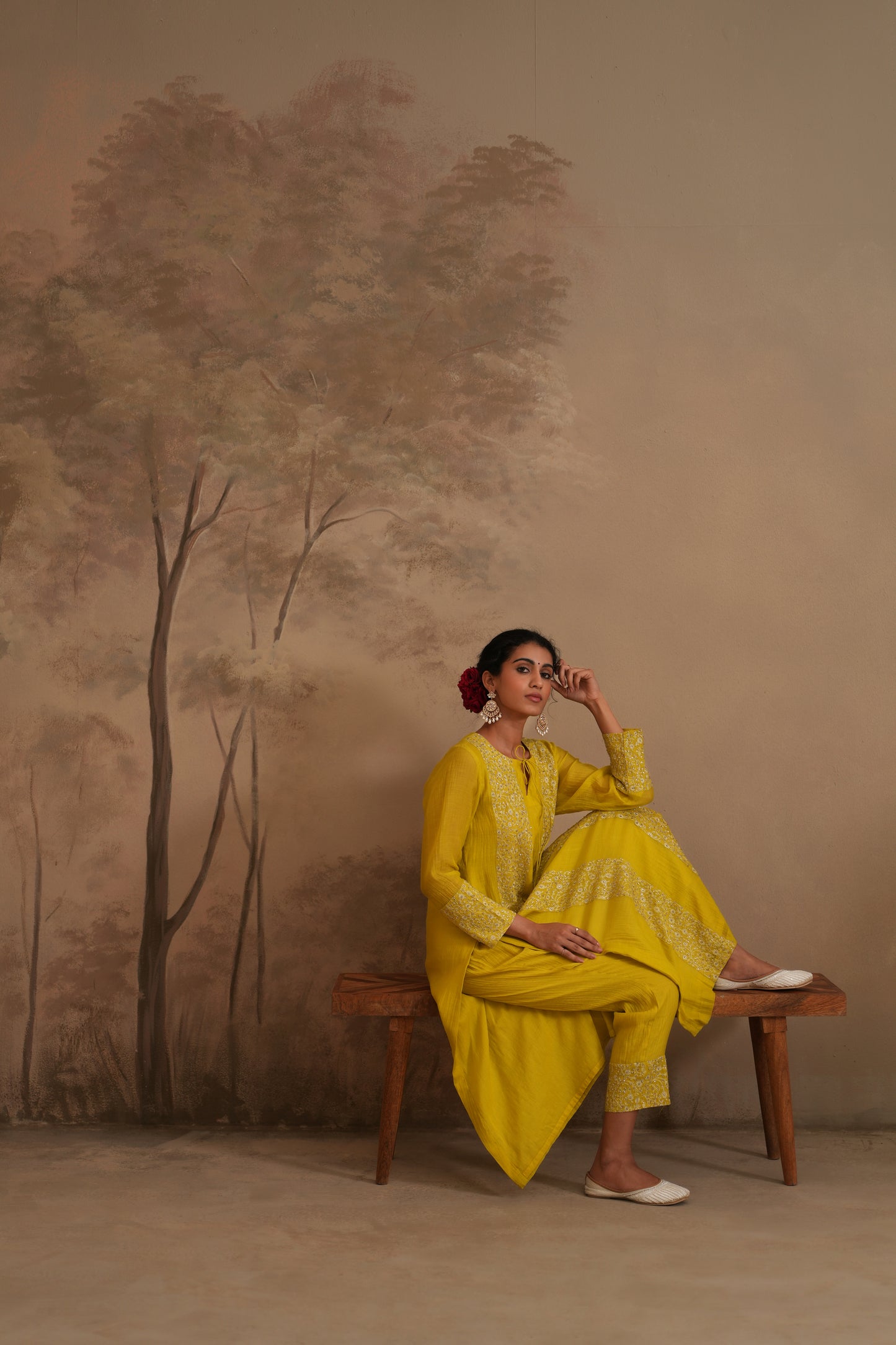 Lemon Yellow Chanderi Suit with embroidered panels