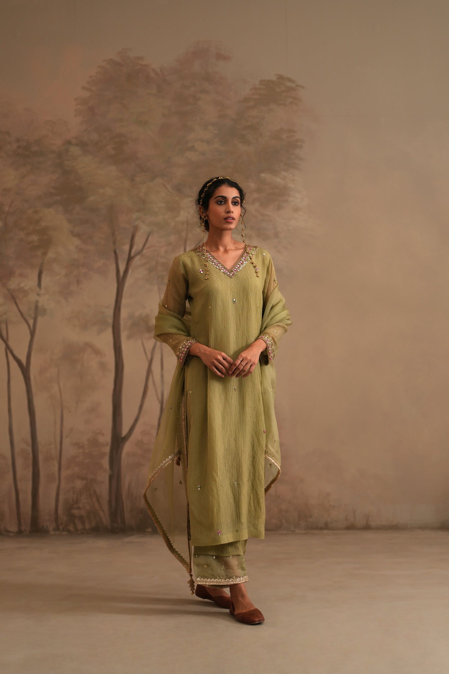 Olive Green Crushed Muslin Kurta with Zardozi and Gota V neck