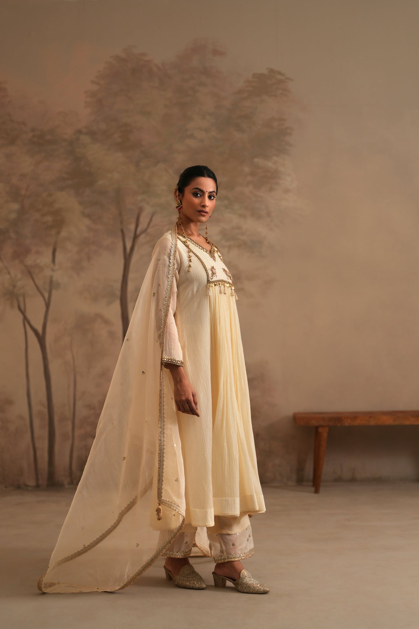 Dutch White Crushed Muslin Kurta with Zardozi and Gota yoke