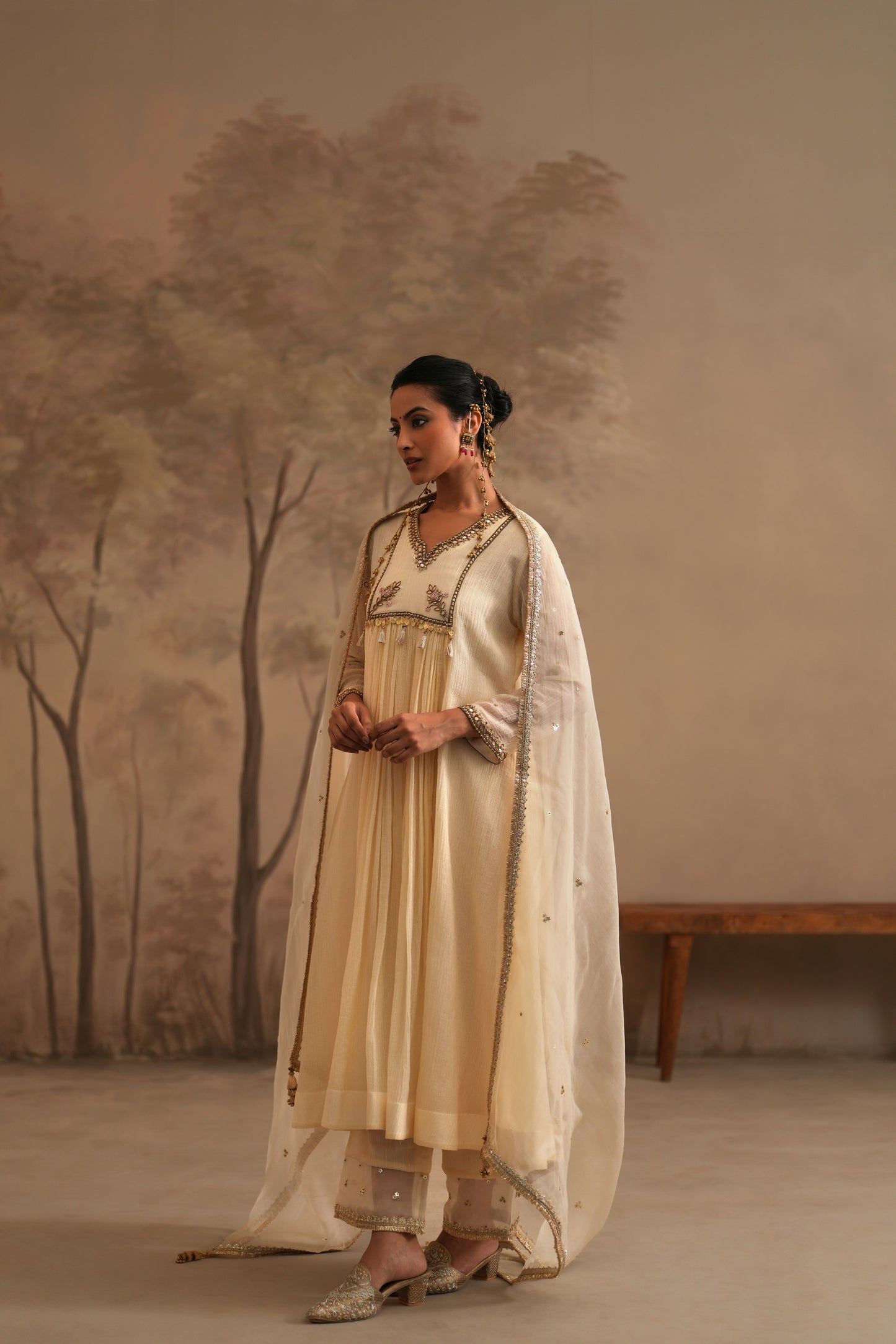 Dutch White Crushed Muslin Kurta with Zardozi and Gota yoke