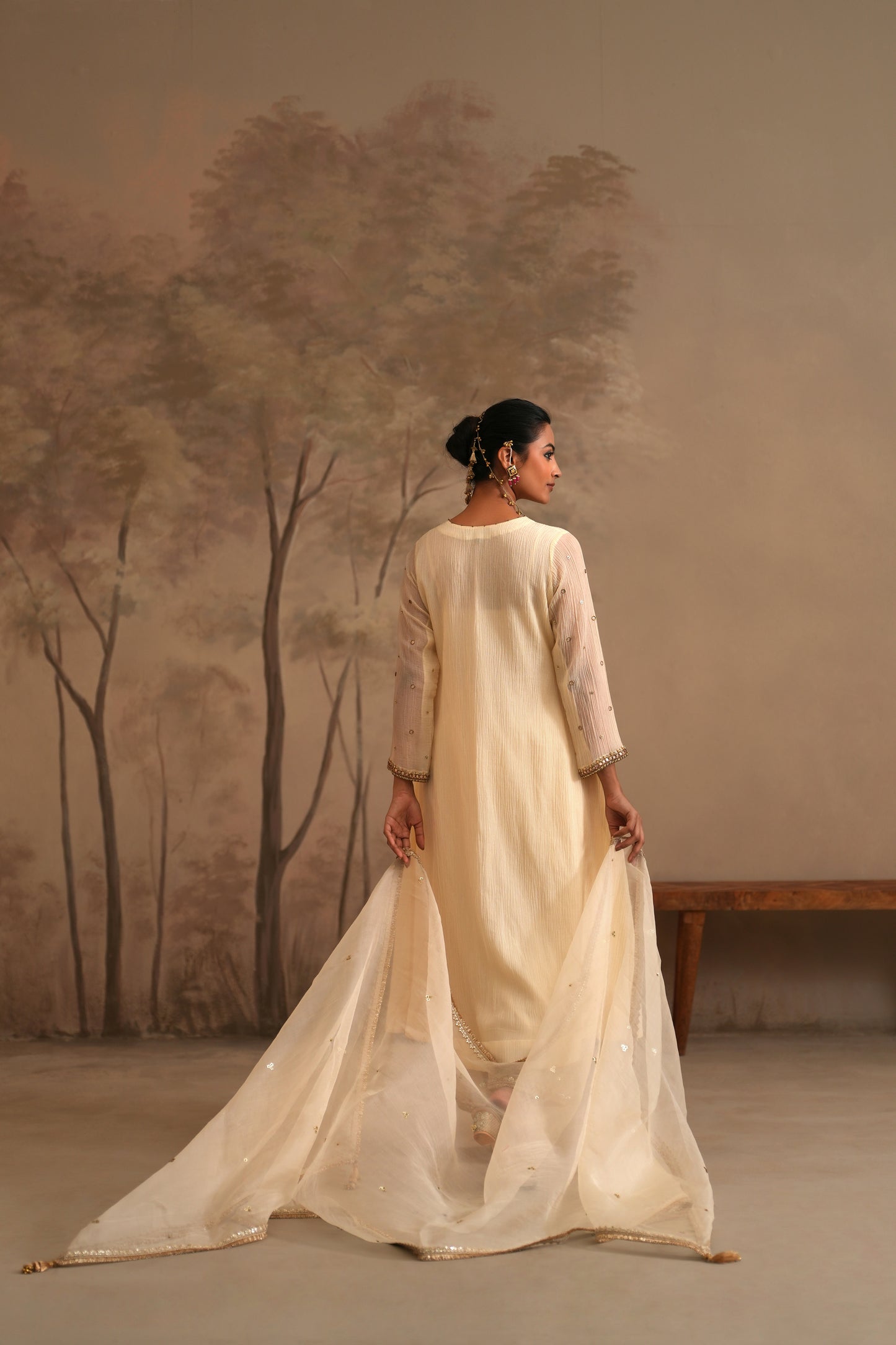Dutch White Crushed Muslin Kurta with Zardozi and Gota yoke