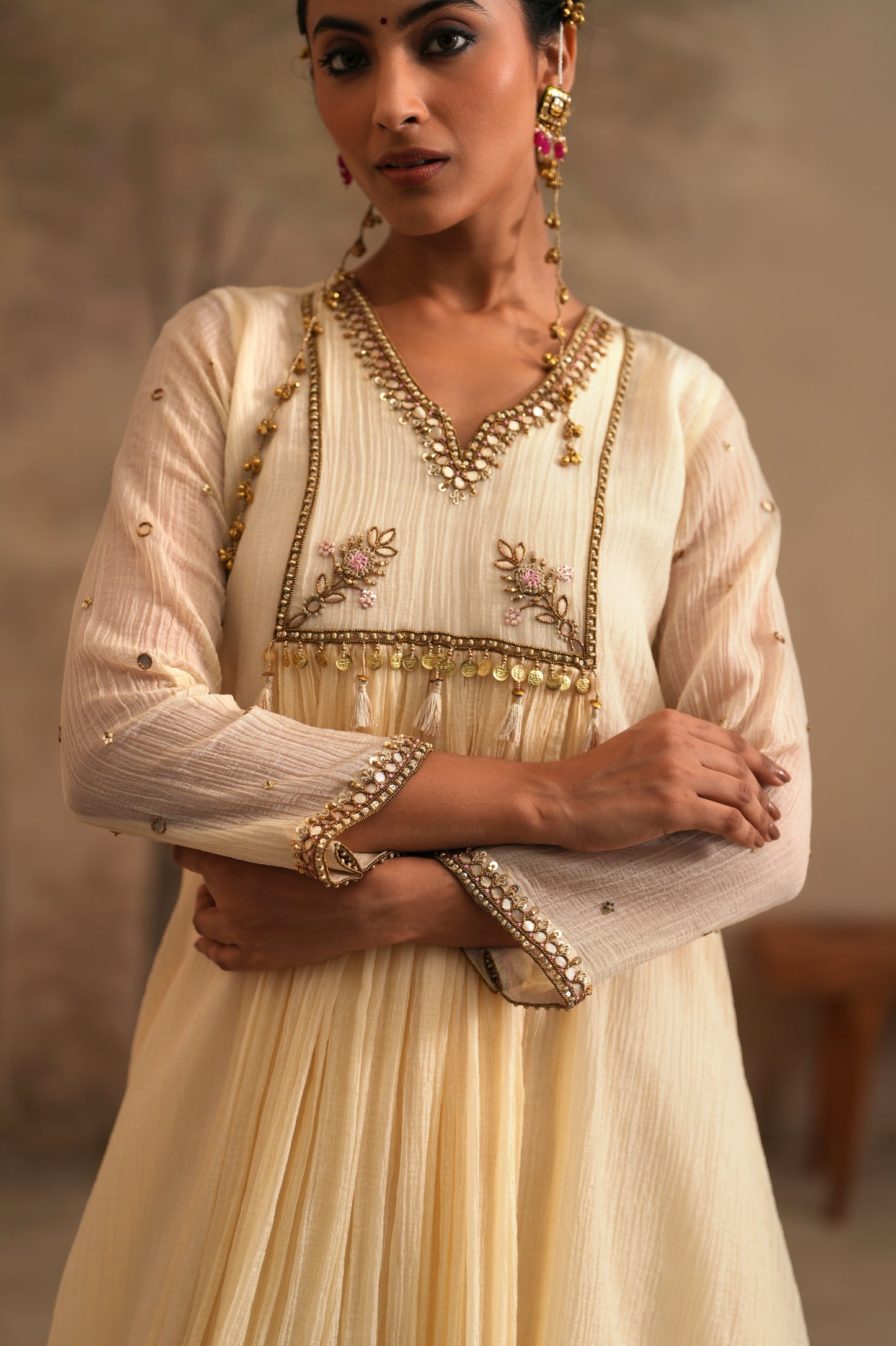 Dutch White Crushed Muslin Kurta with Zardozi and Gota yoke
