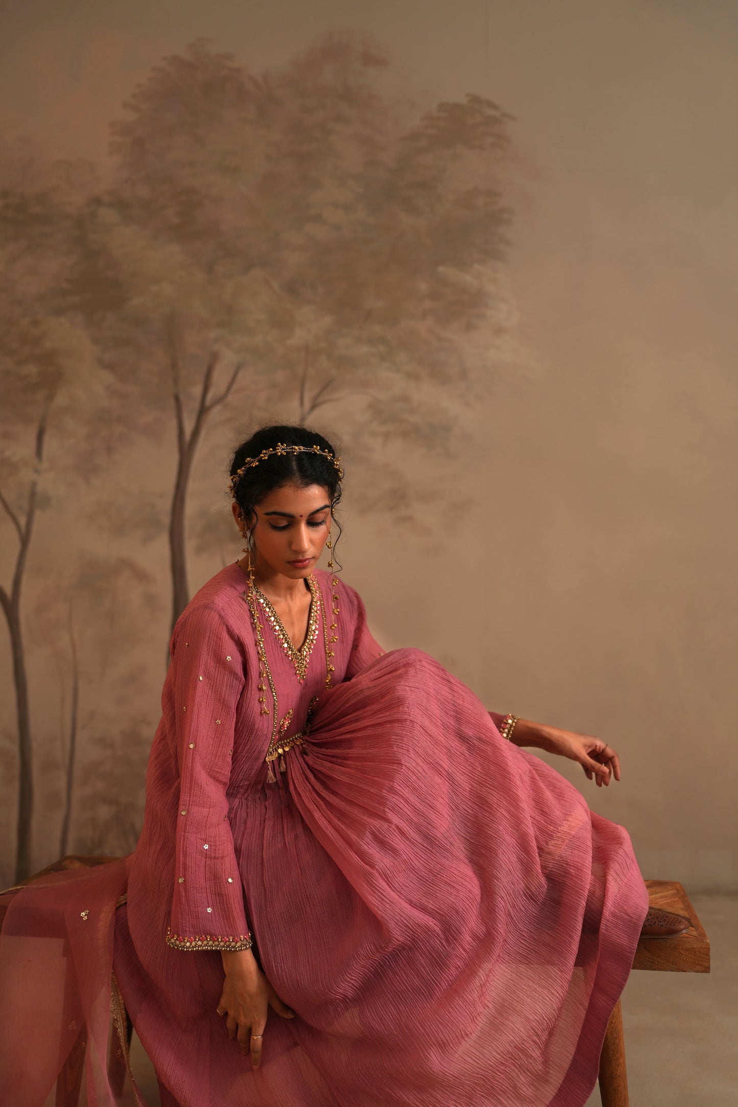 Rosebud Pink Crushed Muslin Kurta with Zardozi and Gota yoke