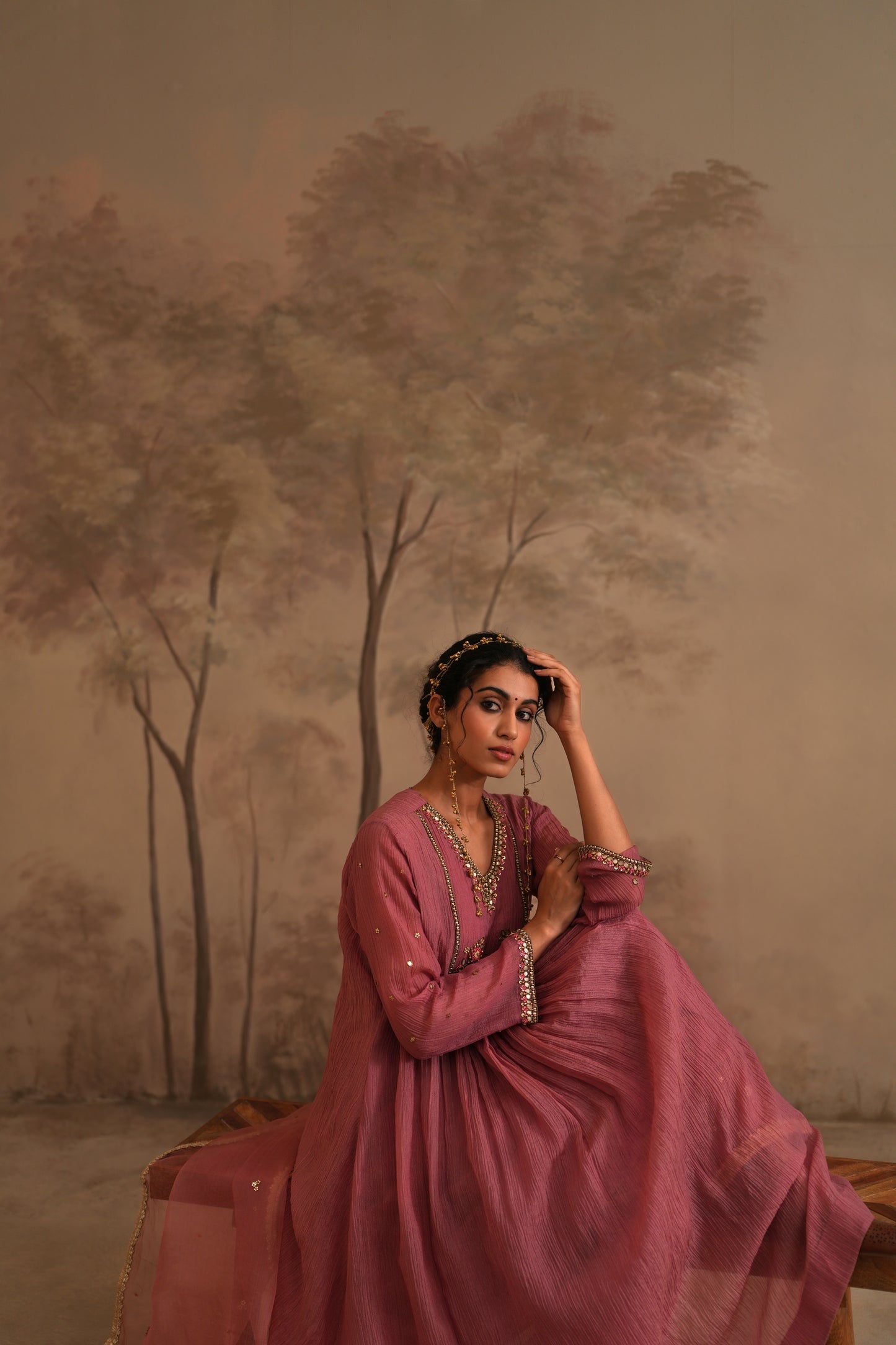Rosebud Pink Crushed Muslin Kurta with Zardozi and Gota yoke