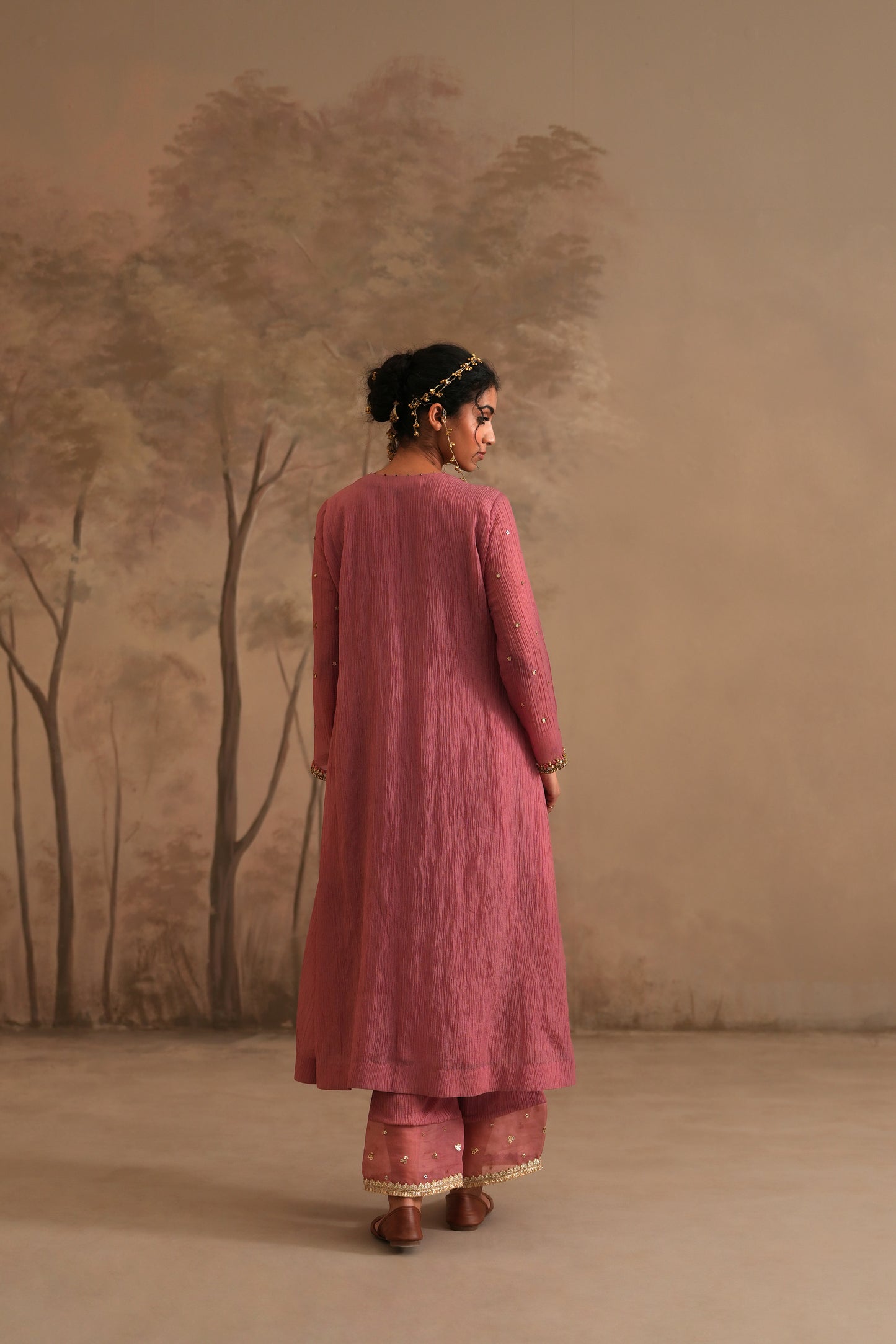 Rosebud Pink Crushed Muslin Kurta with Zardozi and Gota yoke