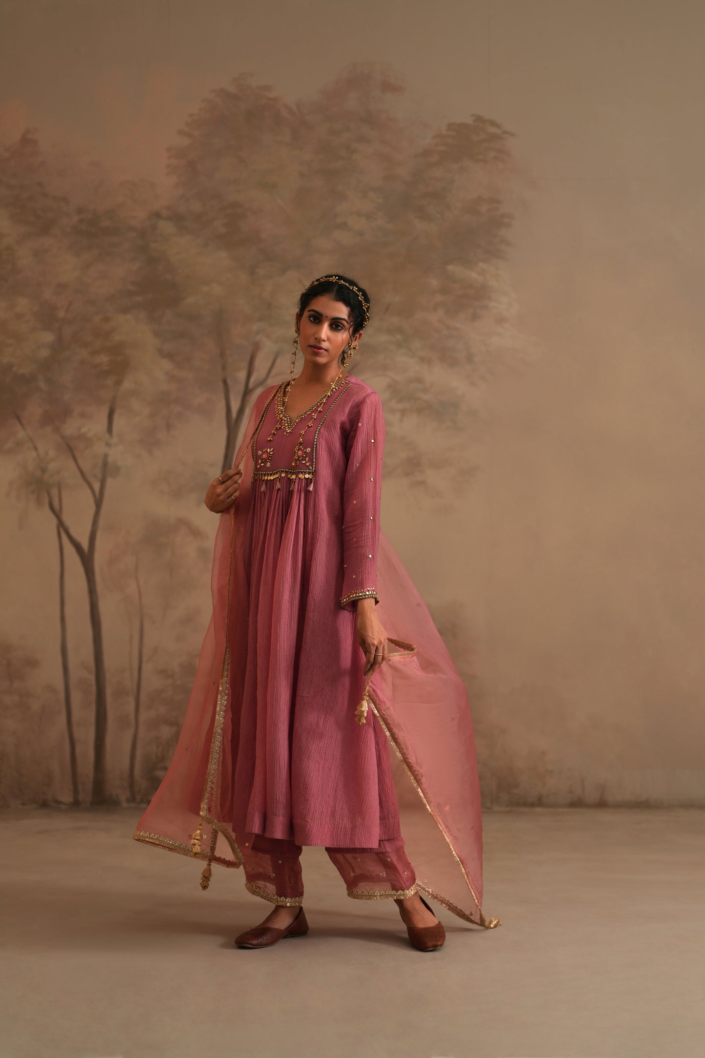 Rosebud Pink Crushed Muslin Kurta with Zardozi and Gota yoke