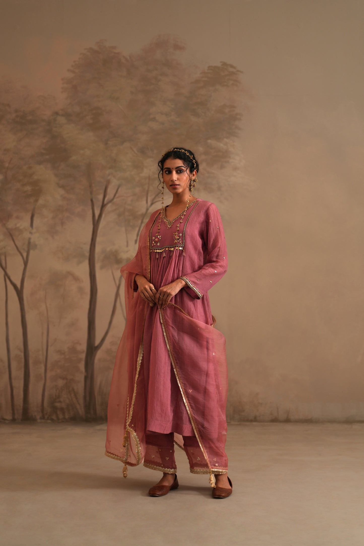 Rosebud Pink Crushed Muslin Kurta with Zardozi and Gota yoke