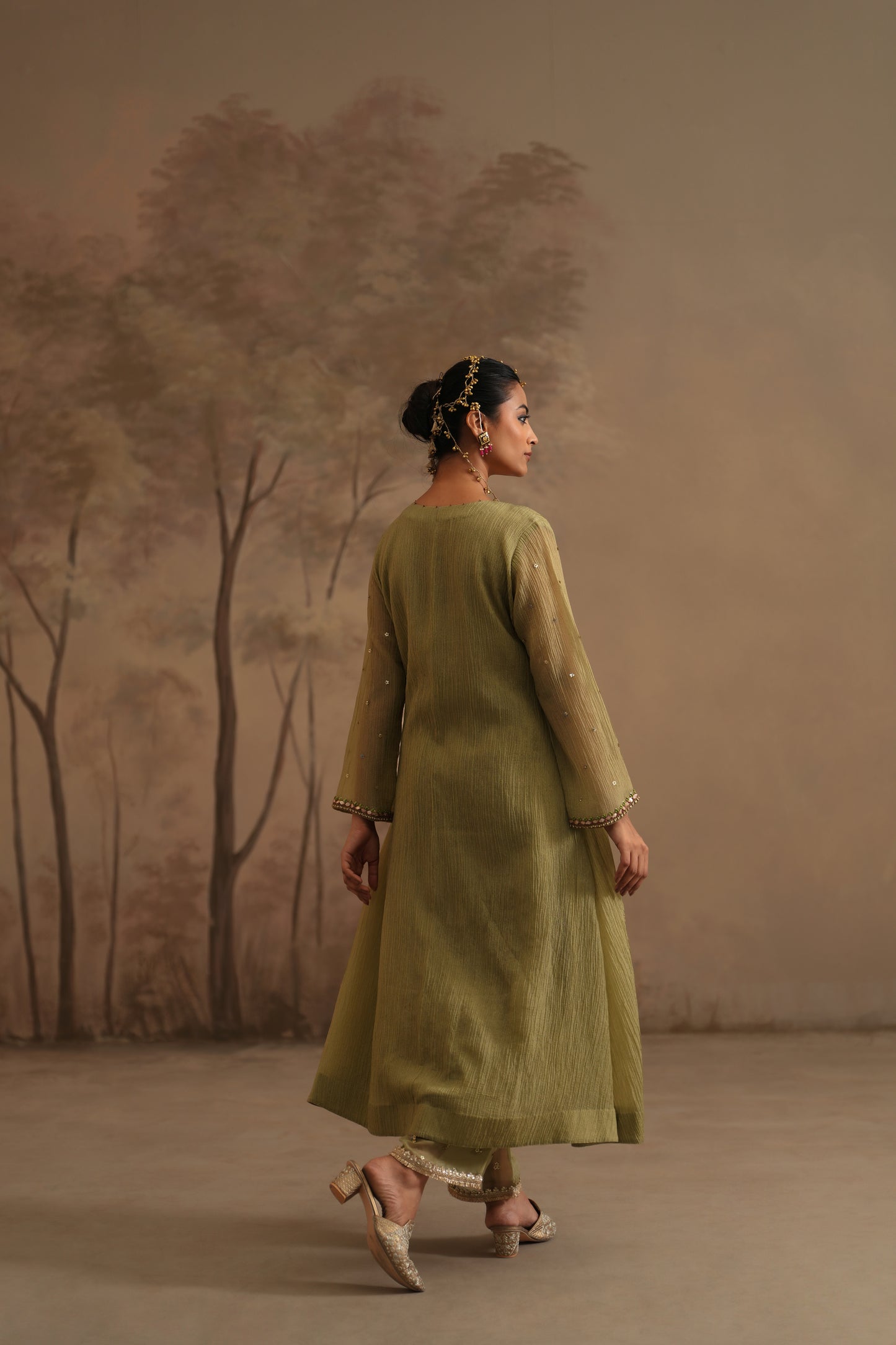 Olive Green Crushed Muslin Kurta with Zardozi and Gota lines yoke