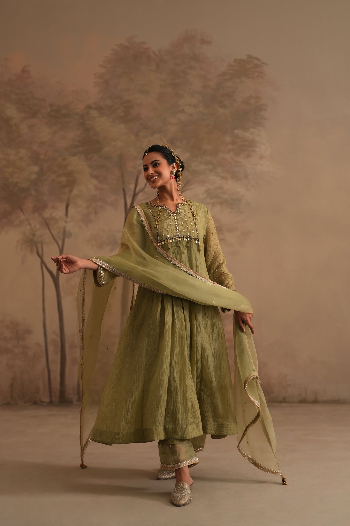 Olive Green Crushed Muslin Kurta with Zardozi and Gota lines yoke