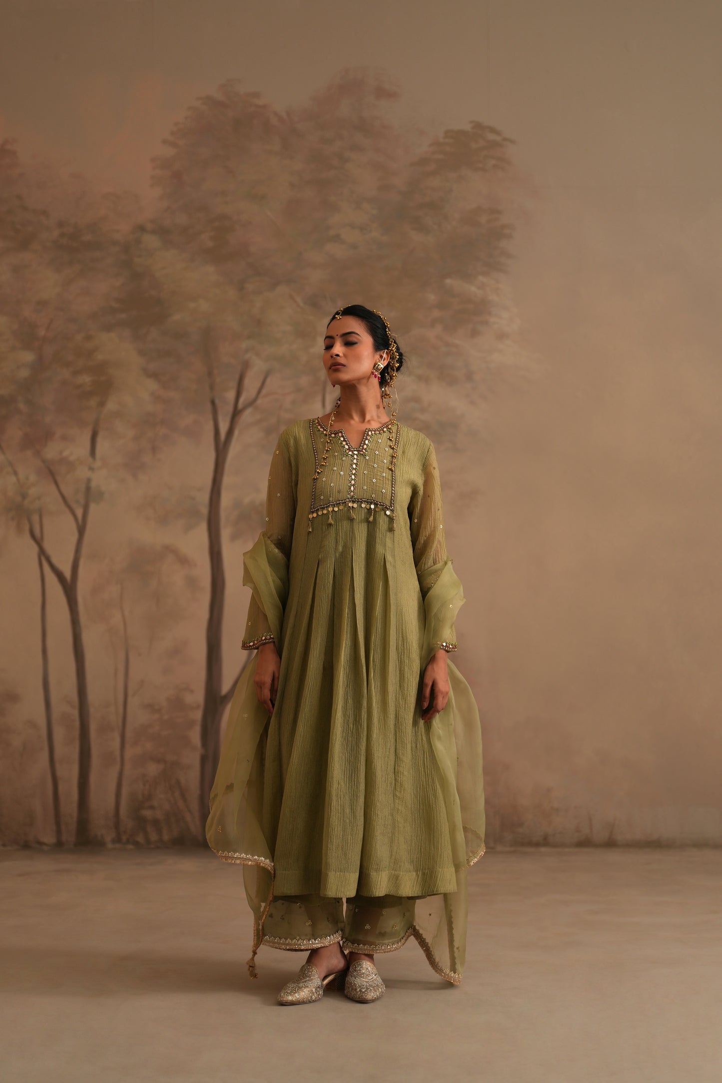 Olive Green Crushed Muslin Kurta with Zardozi and Gota lines yoke