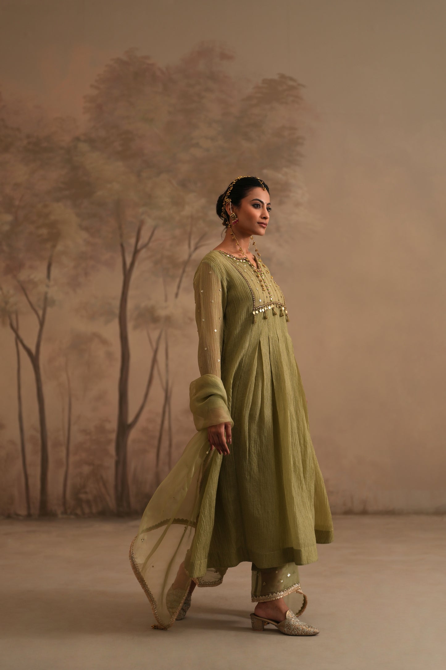 Olive Green Crushed Muslin Kurta with Zardozi and Gota lines yoke