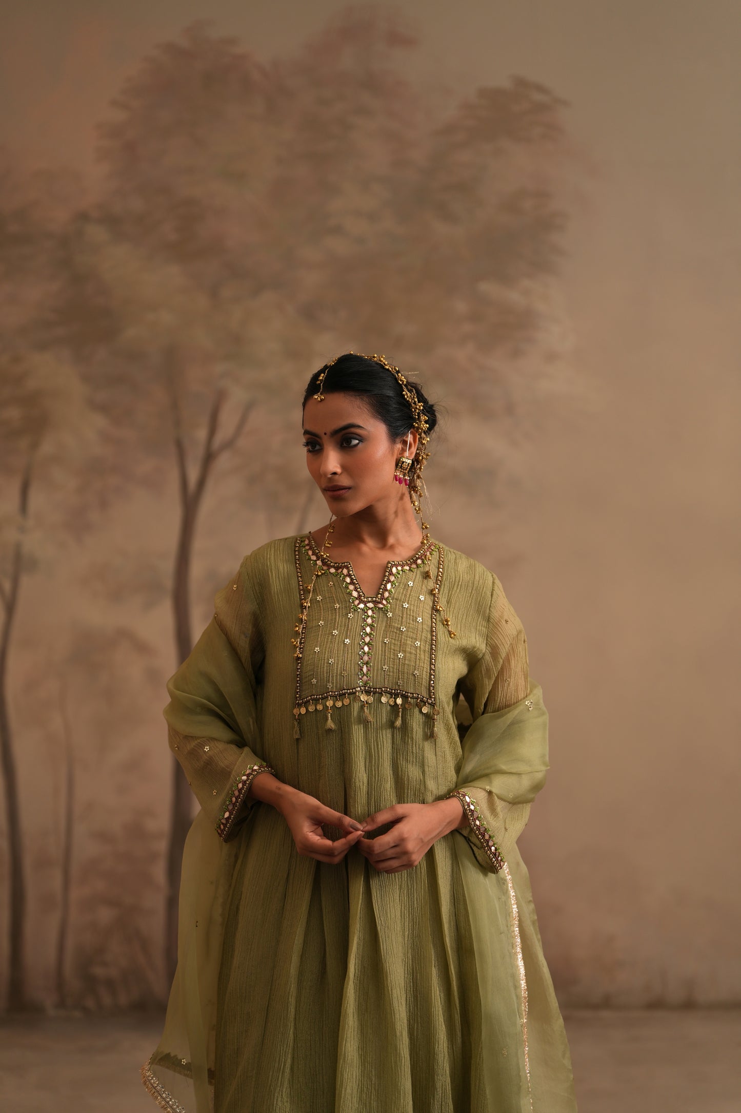 Olive Green Crushed Muslin Kurta with Zardozi and Gota lines yoke