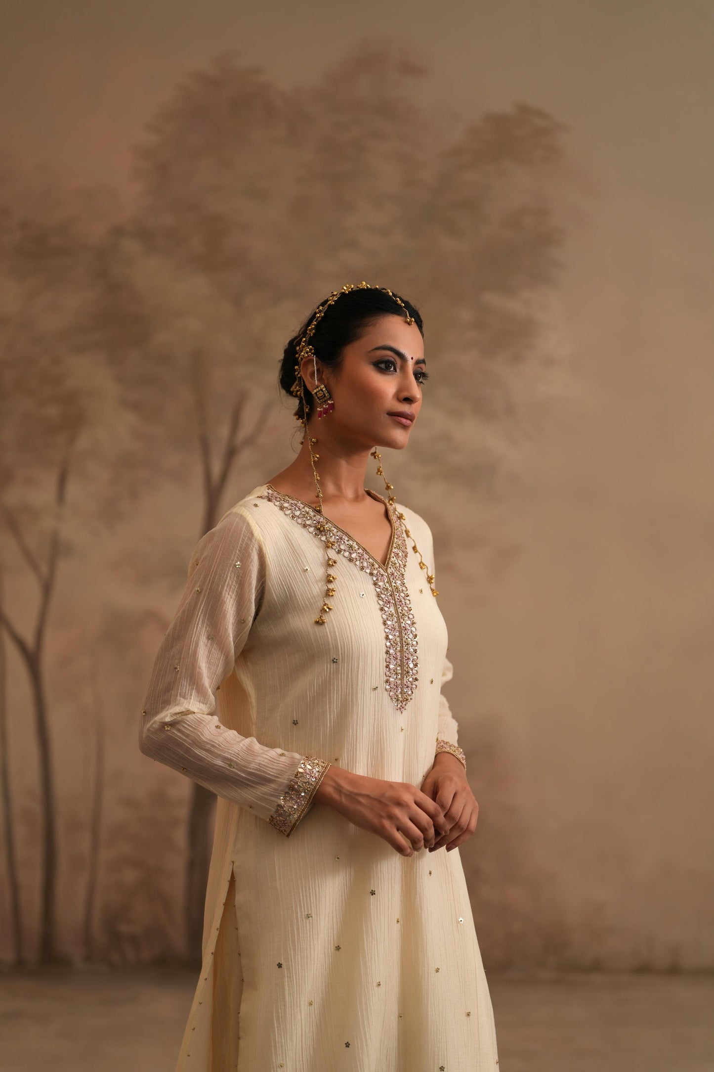 Dutch White Crushed Muslin Kurta with Zardozi and Gota embroidery