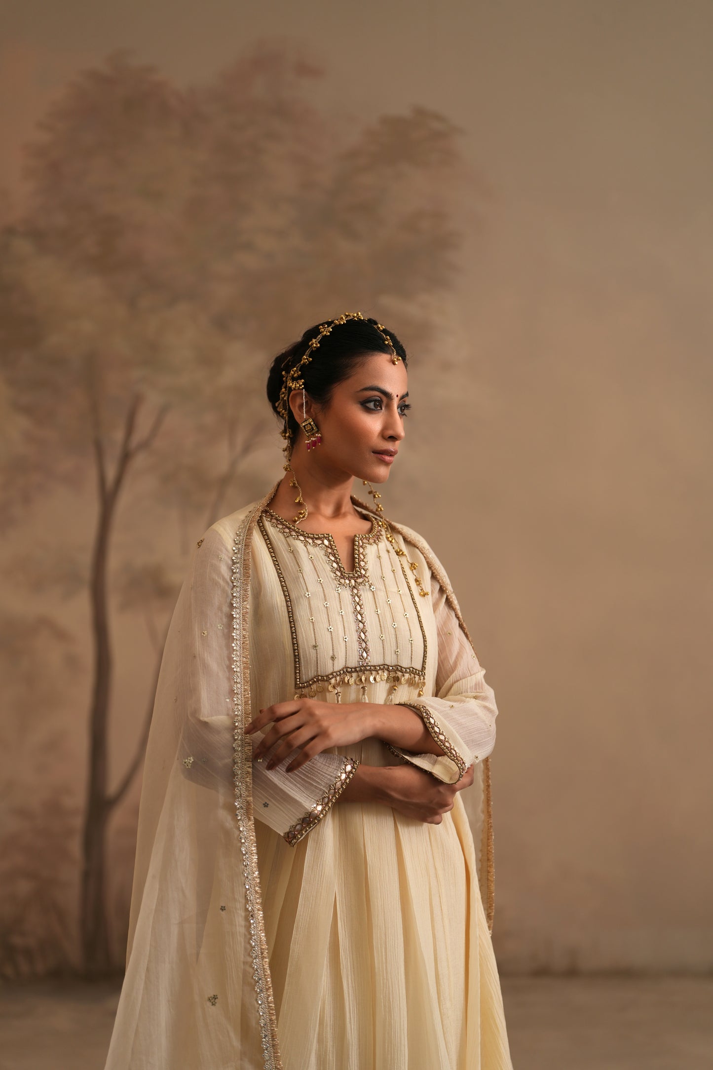 Dutch White Crushed Muslin Kurta with Zardozi and Gota lines yoke