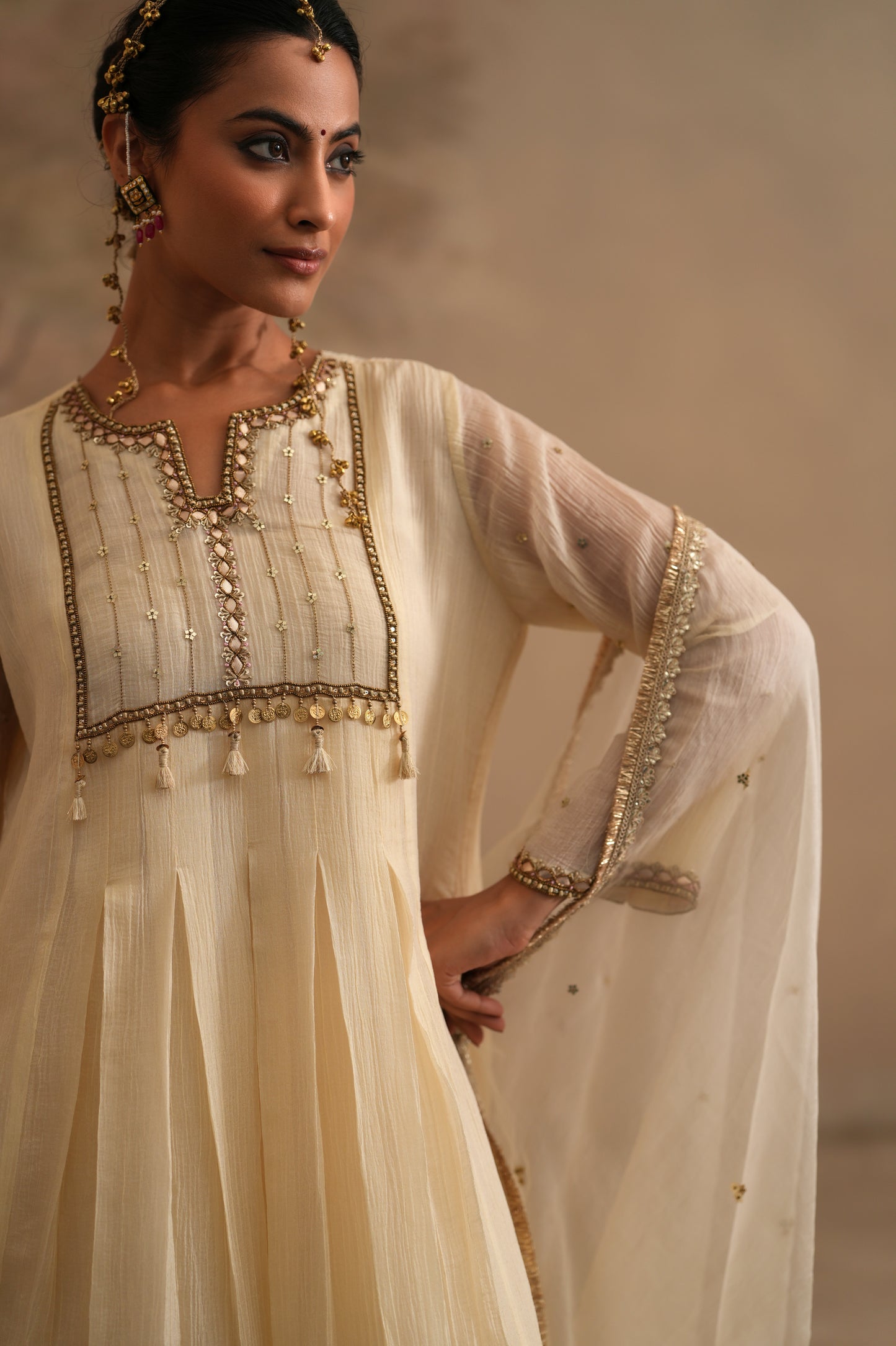Dutch White Crushed Muslin Kurta with Zardozi and Gota lines yoke