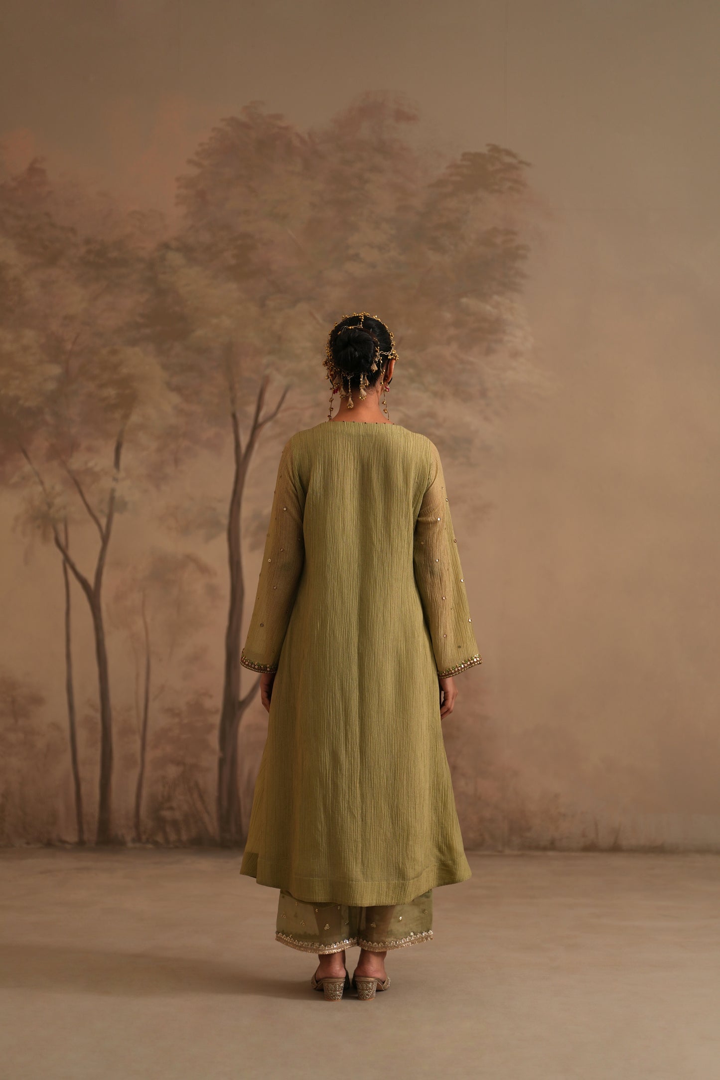 Olive Green Crushed Muslin Kurta with Zardozi and Gota Yoke