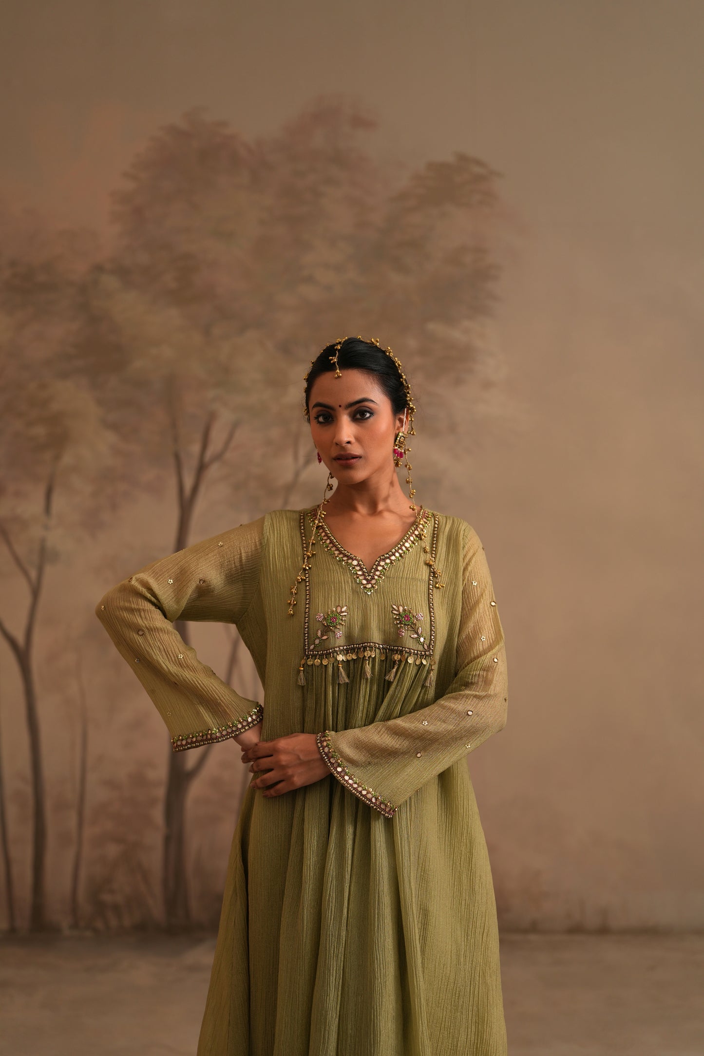 Olive Green Crushed Muslin Kurta with Zardozi and Gota Yoke