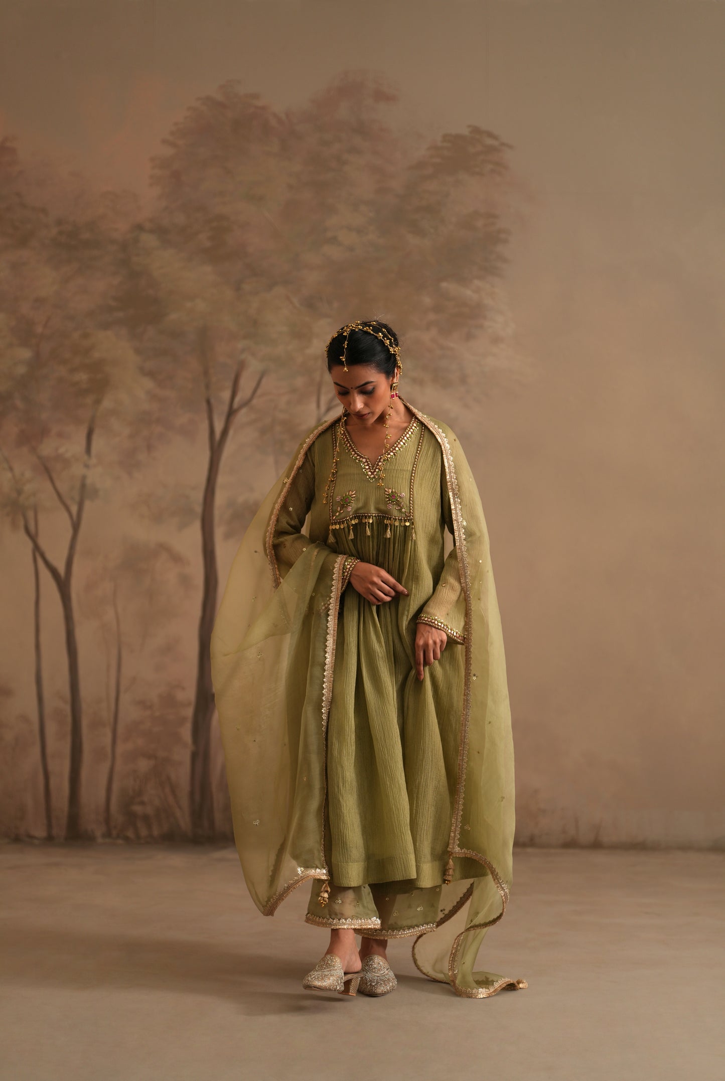 Olive Green Crushed Muslin Kurta with Zardozi and Gota Yoke