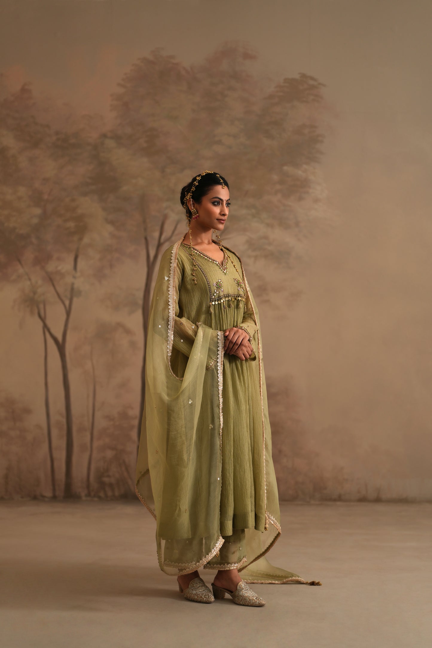 Olive Green Crushed Muslin Kurta with Zardozi and Gota Yoke