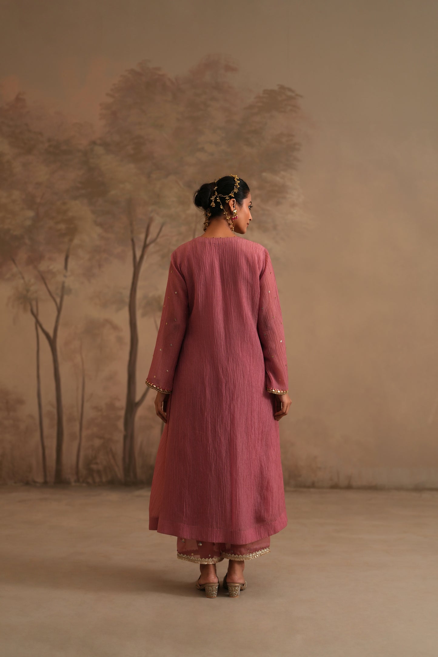 Rosebud Pink Crushed Muslin Kurta with Zardozi and Gota lines yoke