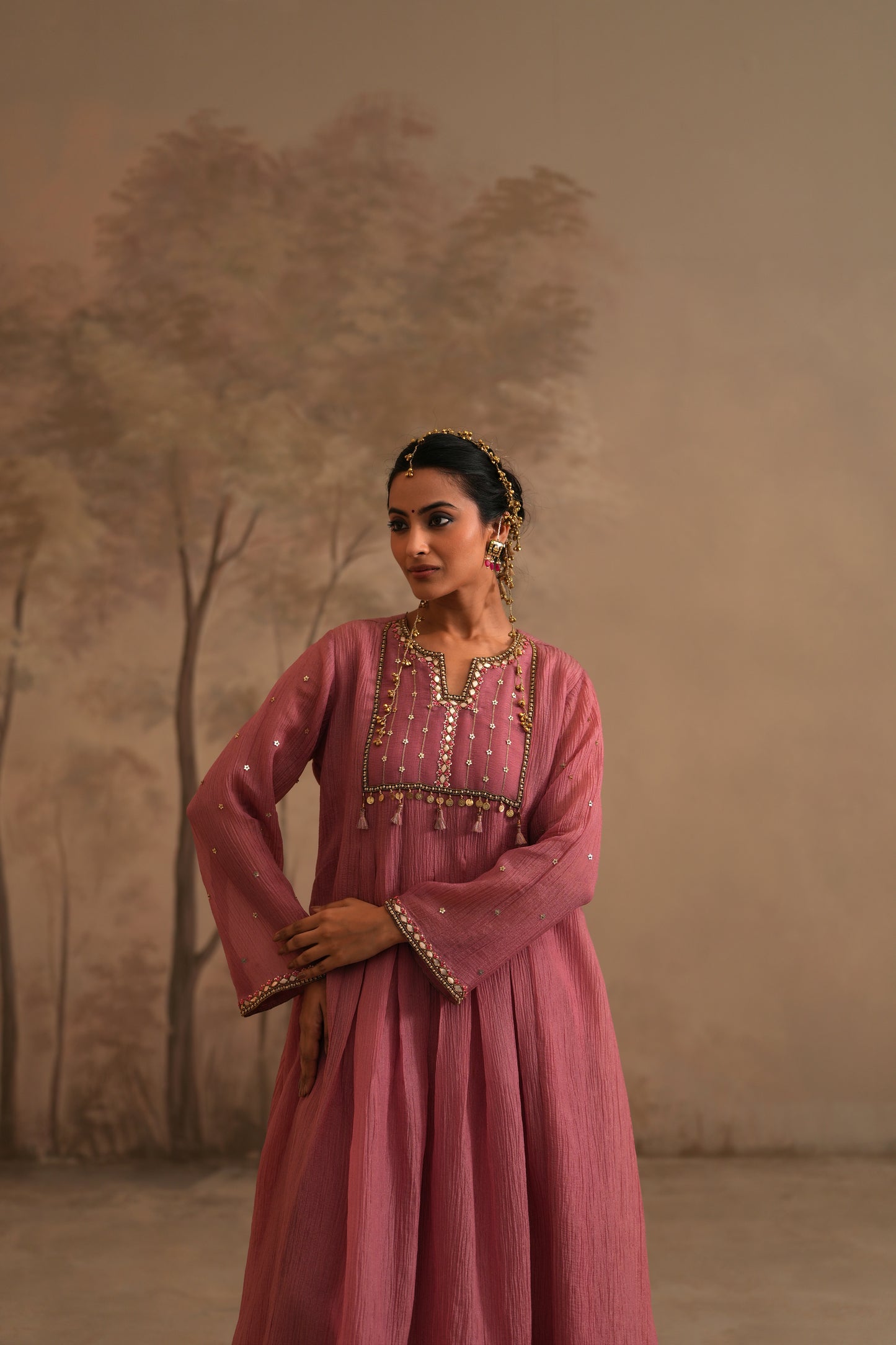 Rosebud Pink Crushed Muslin Kurta with Zardozi and Gota lines yoke