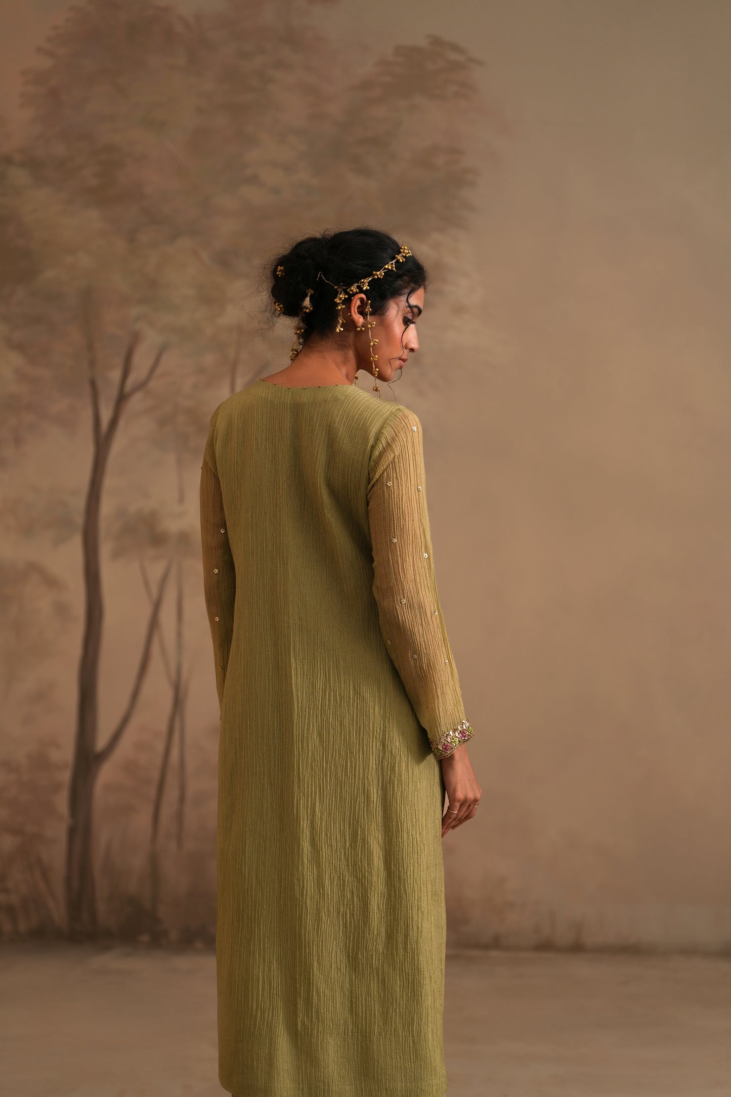 Olive Green Crushed Muslin Kurta with Zardozi and Gota embroidery