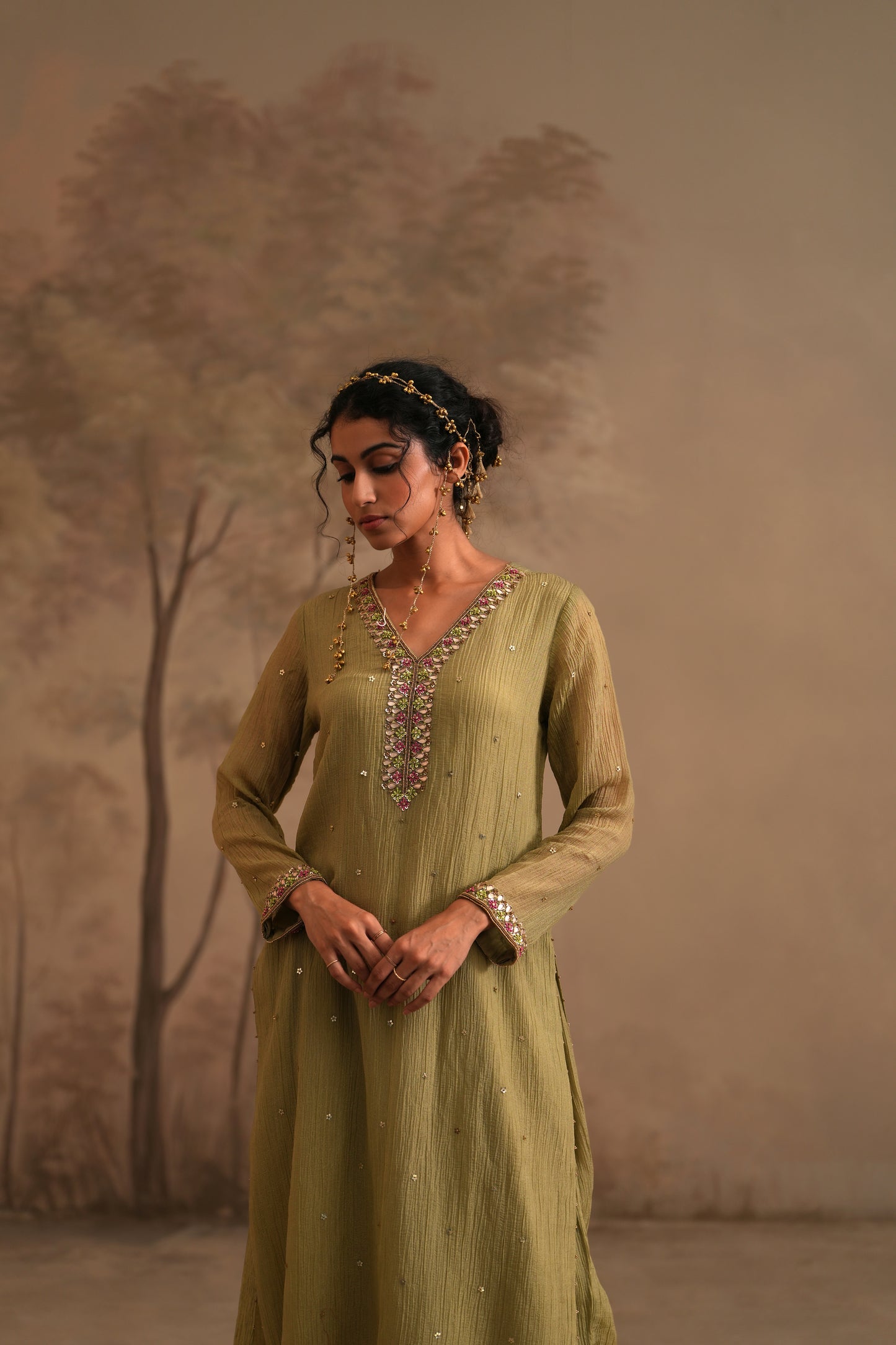 Olive Green Crushed Muslin Kurta with Zardozi and Gota embroidery
