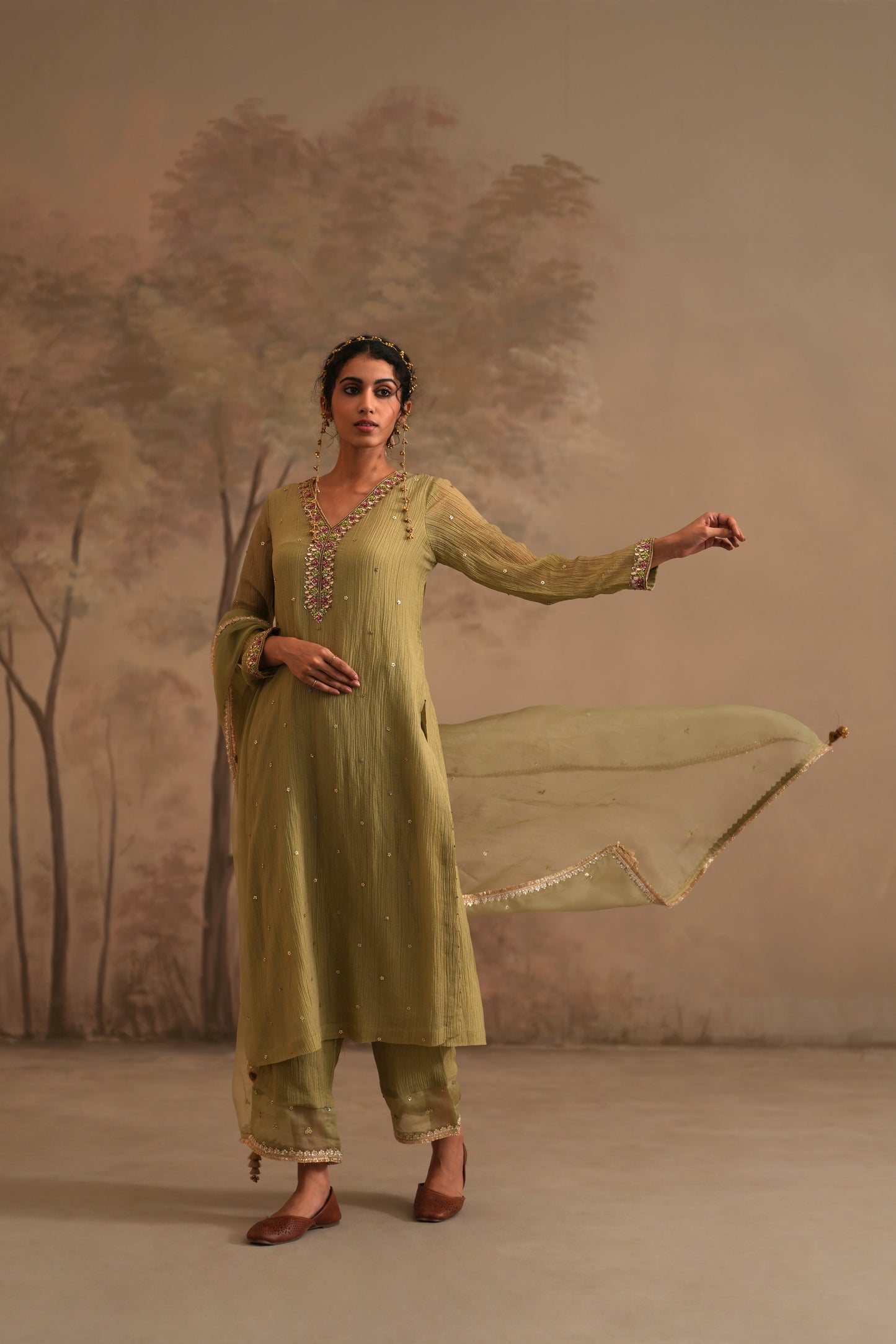 Olive Green Crushed Muslin Kurta with Zardozi and Gota embroidery