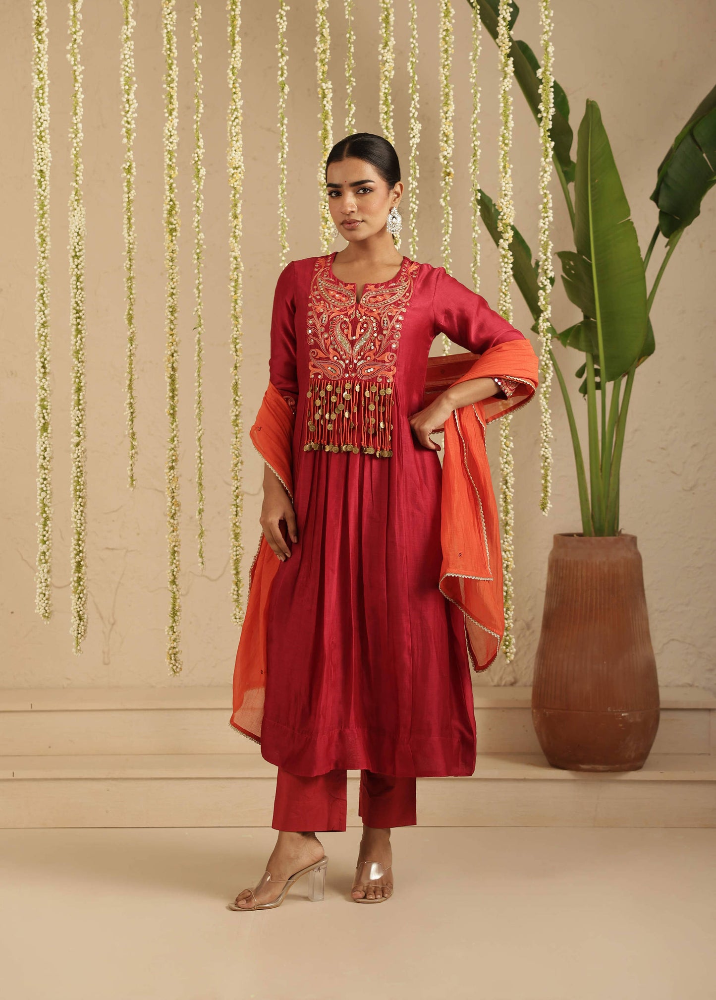 Maroon and Orange Tassle Suit set