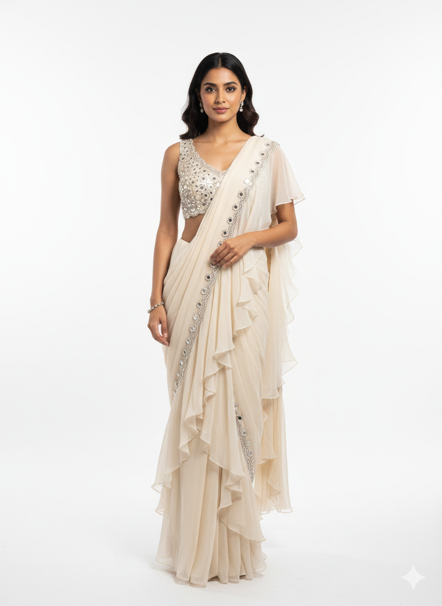 Light Gold Mirrorwork Ruffle Saree