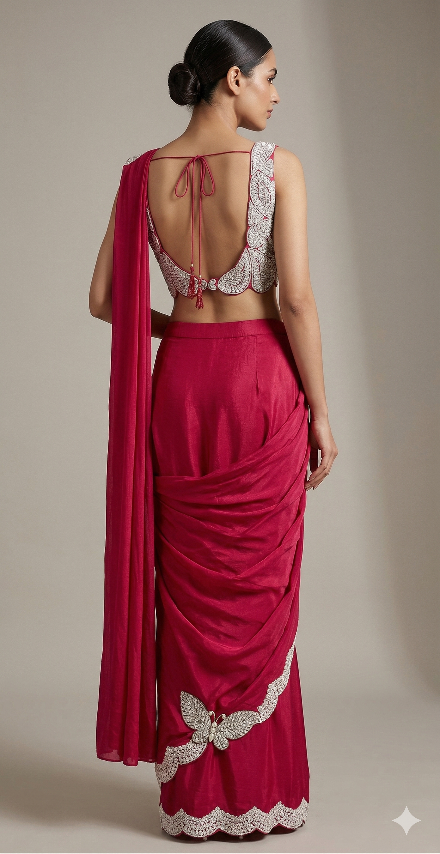 Red Paisley Scalloped Draped Saree