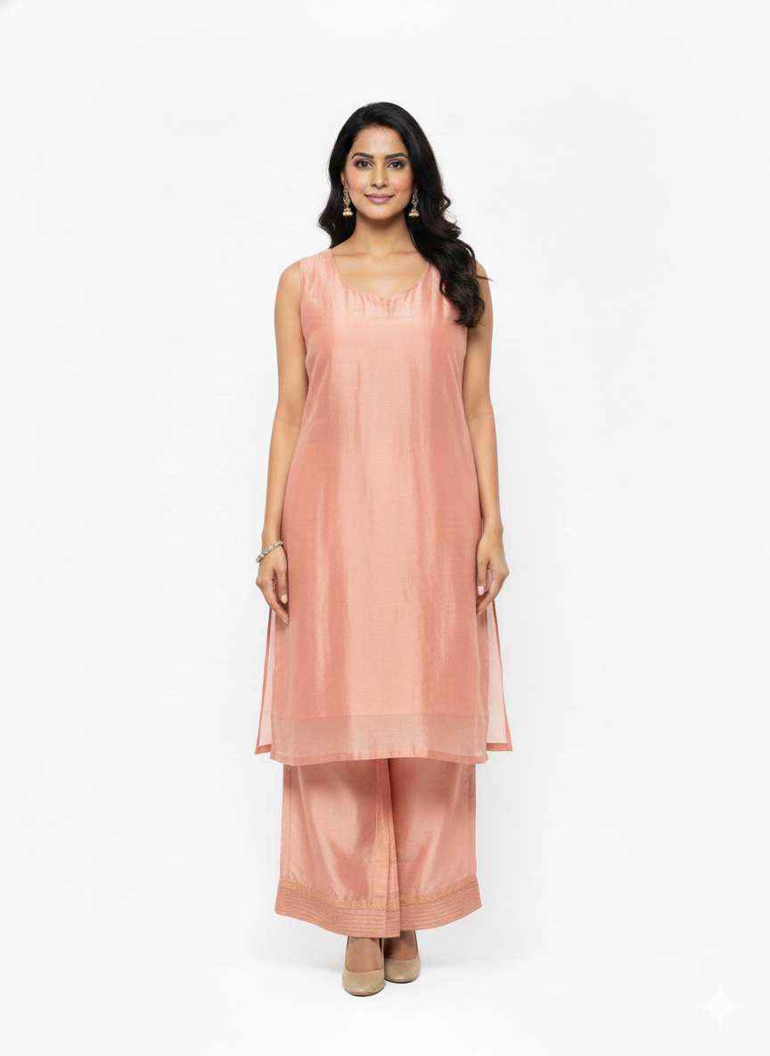 Pink Silk Tissue Jacket Bell Bottoms Set