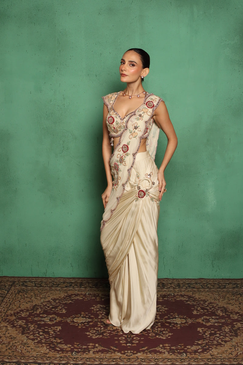 Maryrose Drape Saree(Beige)