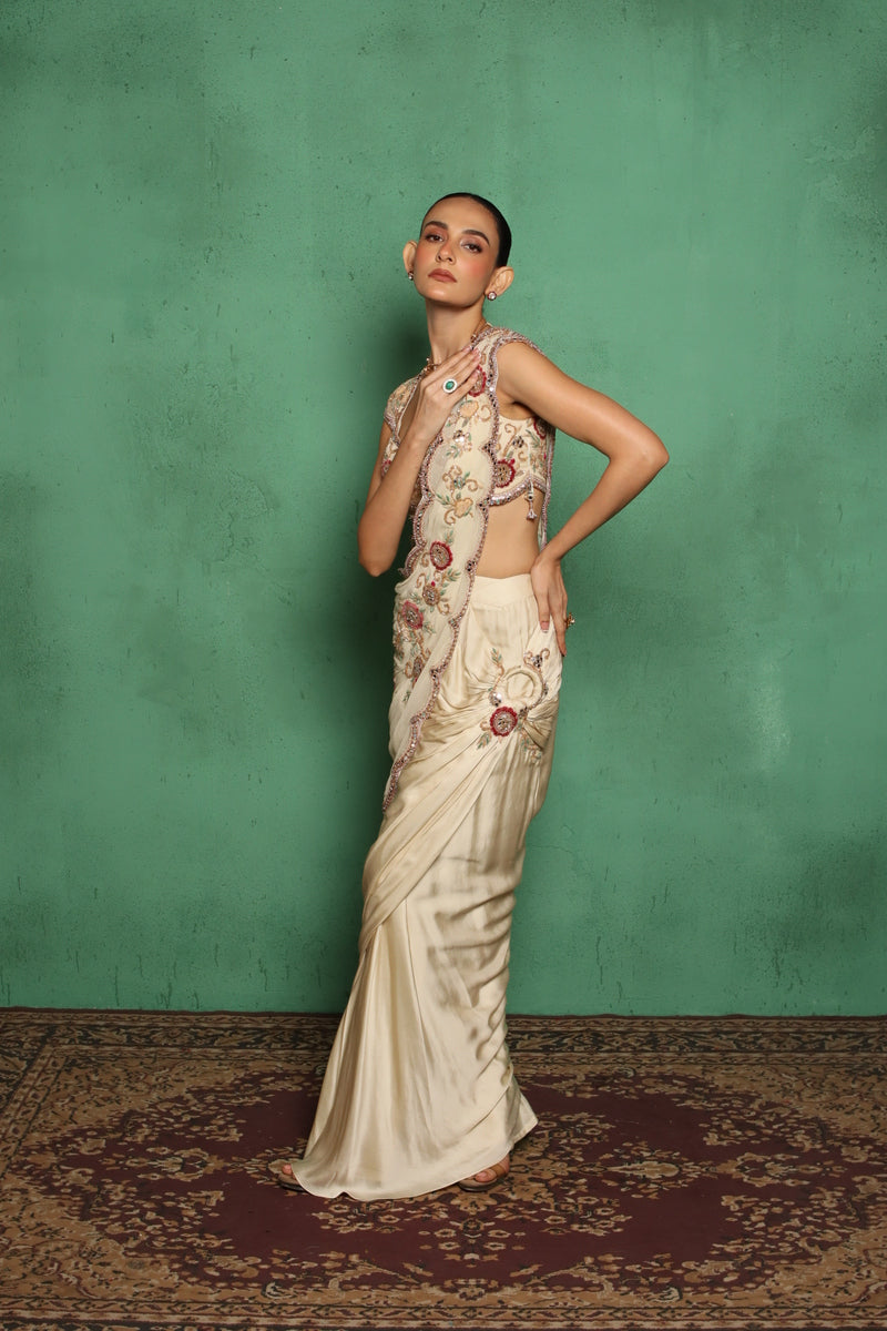 Maryrose Drape Saree(Beige)