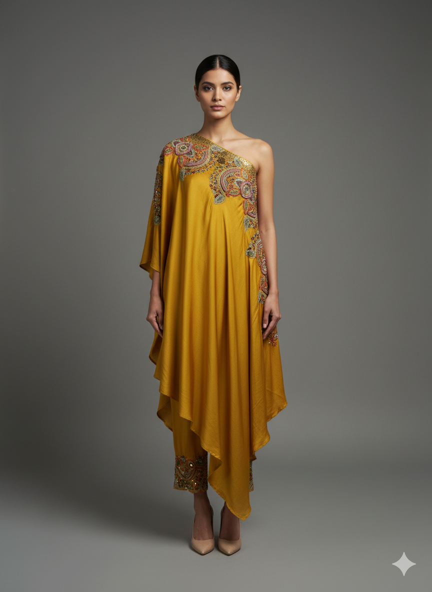 Satin Chiffon Kaftan set with Metal work