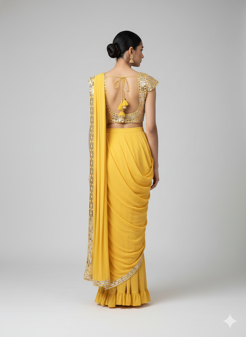 Yellow Georgette Saree with Leatherwork
