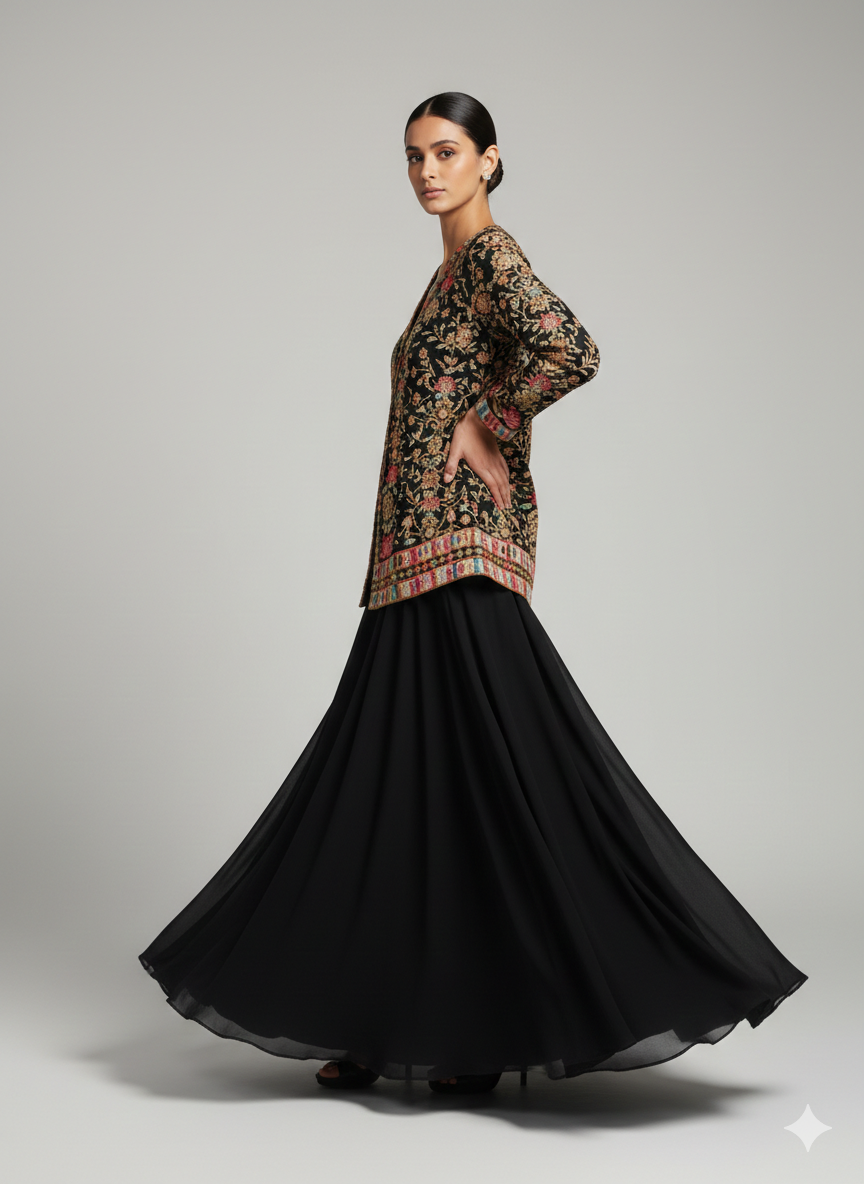 Heavy Black Jacket Sharara Set
